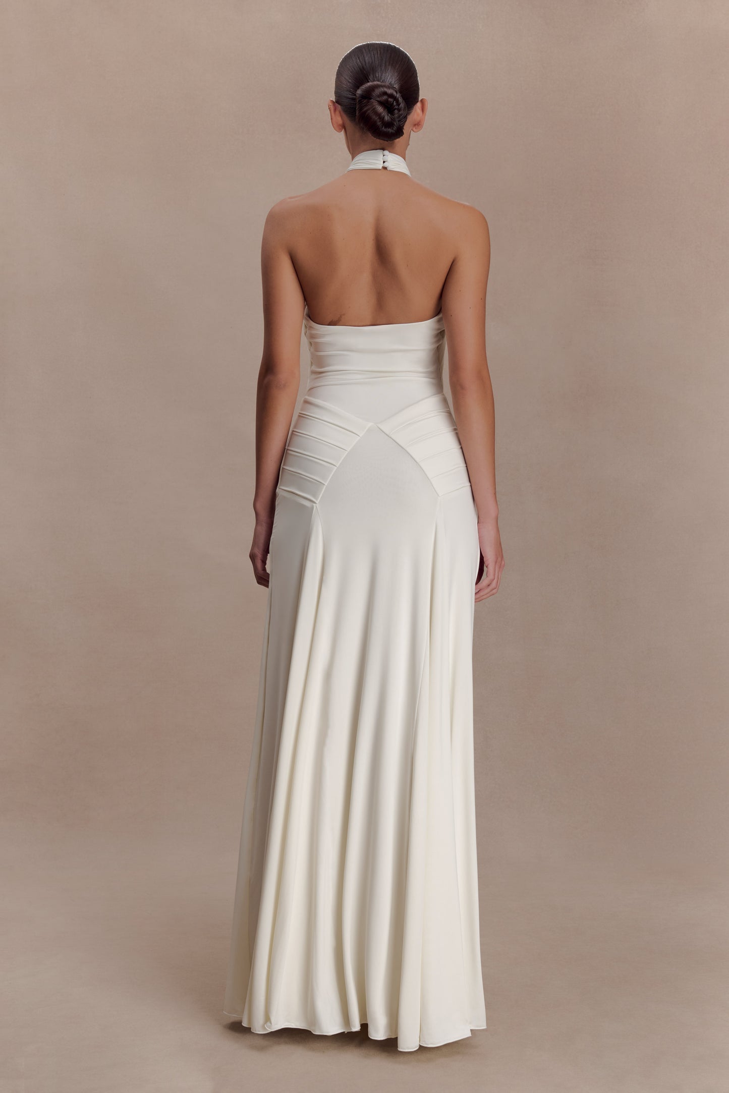Indira Gathered Slinky Halter Maxi Dress - Ivory