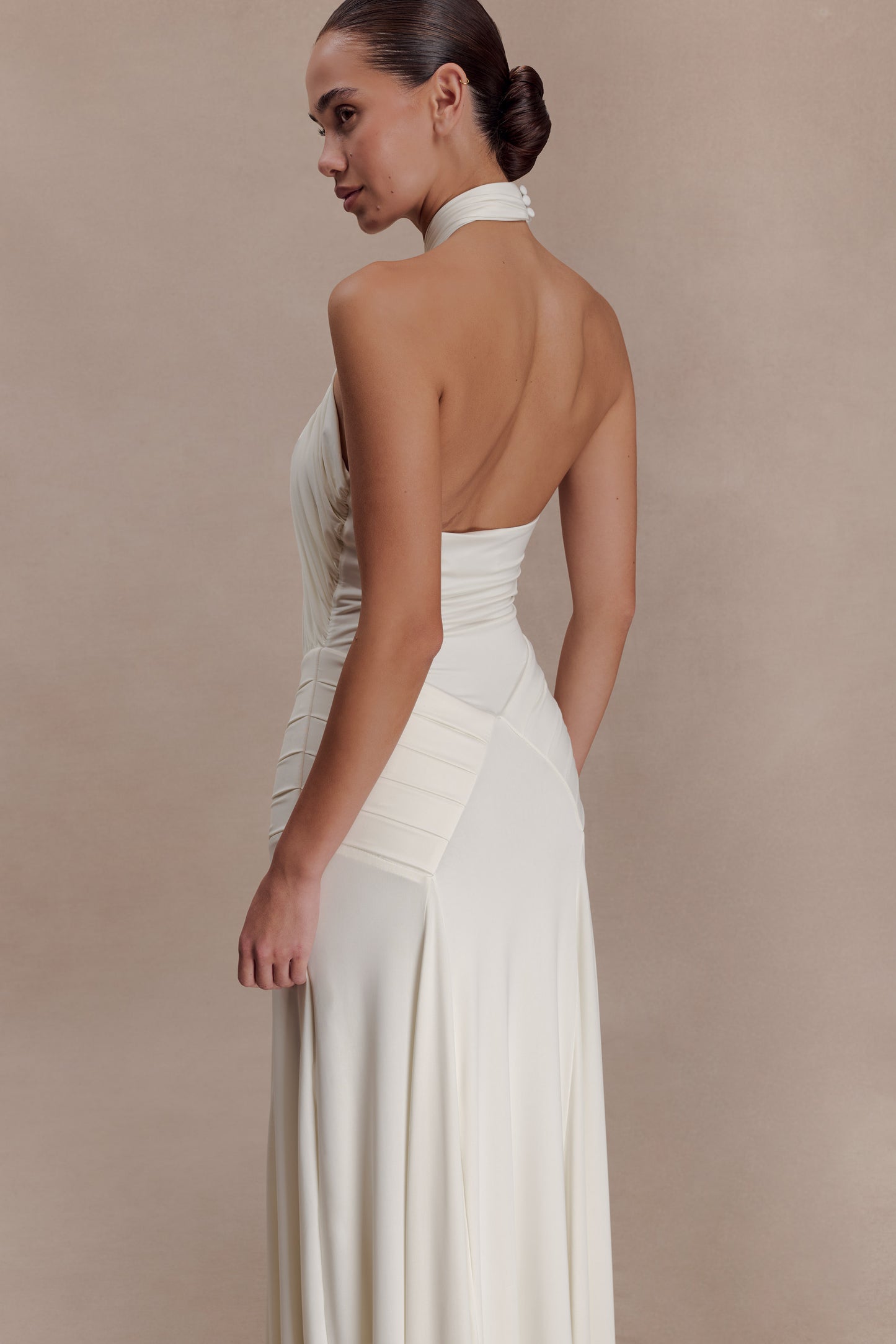 Indira Gathered Slinky Halter Maxi Dress - Ivory