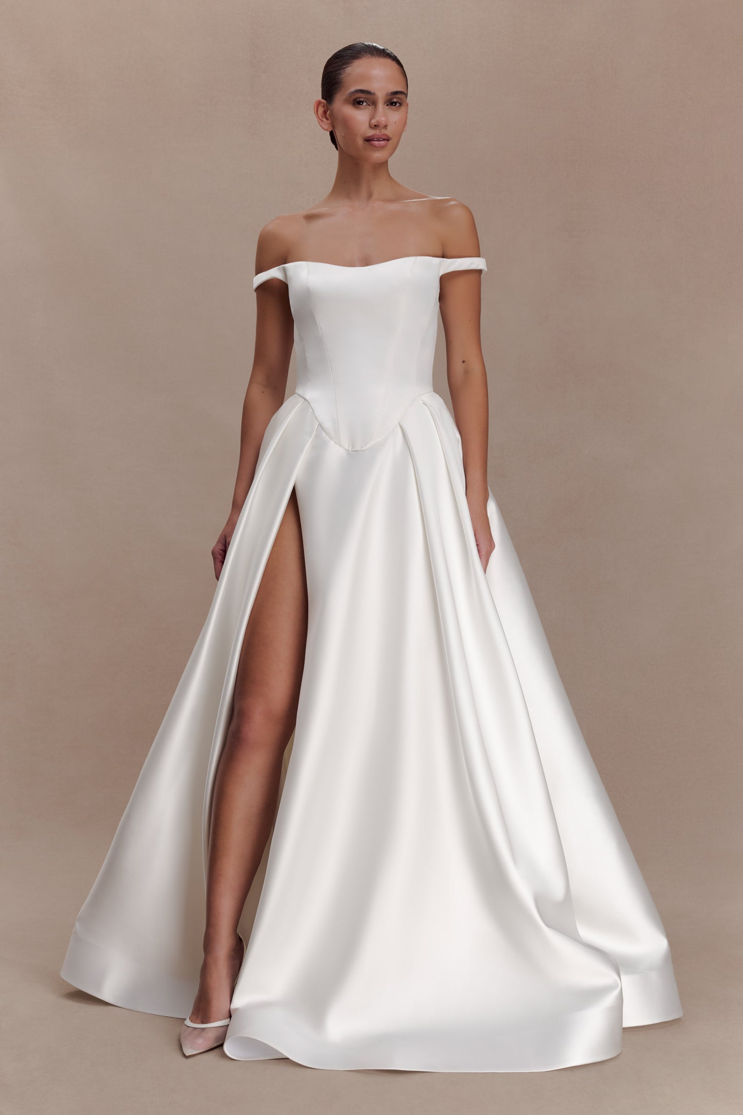 Willow Off Shoulder Satin Maxi Gown - White