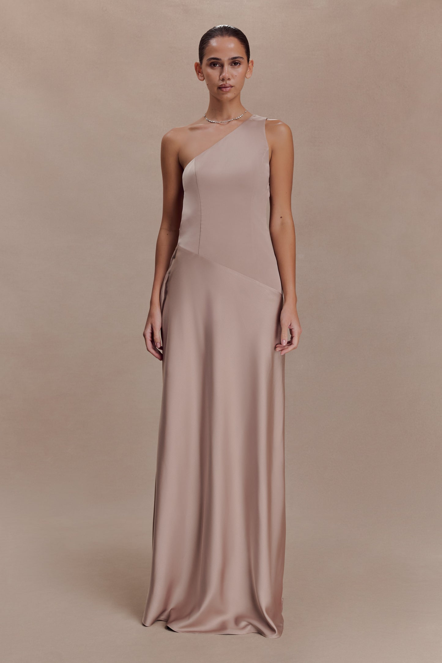 Lyla Asymmetrical Satin Maxi Dress - Bronze Taupe