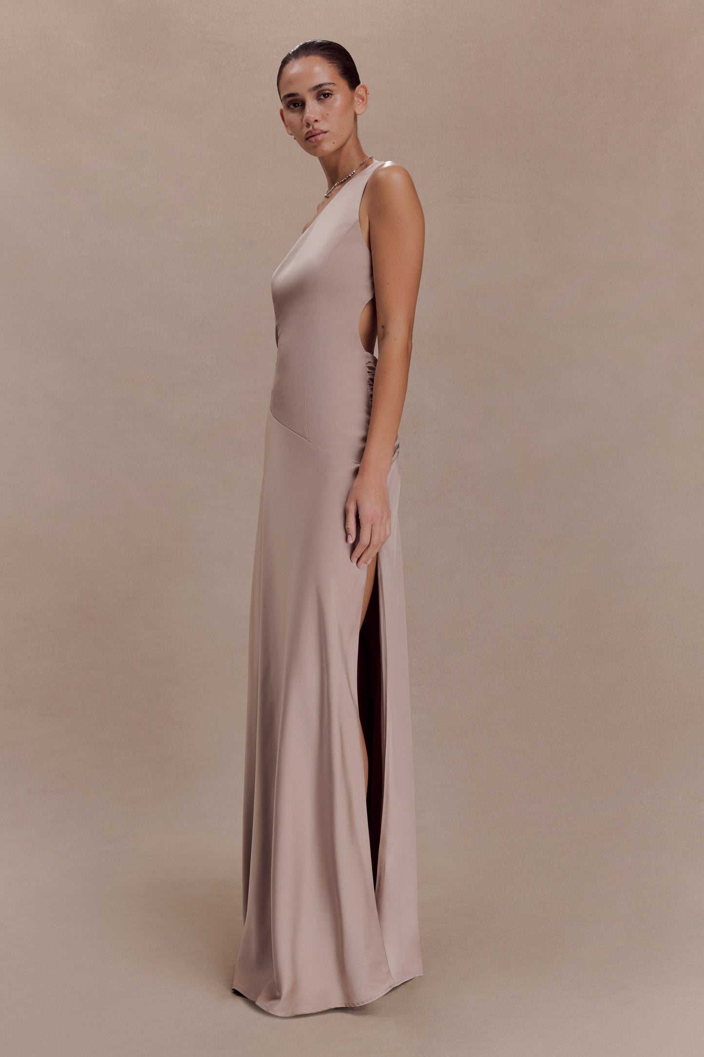 Lyla Asymmetrical Satin Maxi Dress - Bronze Taupe