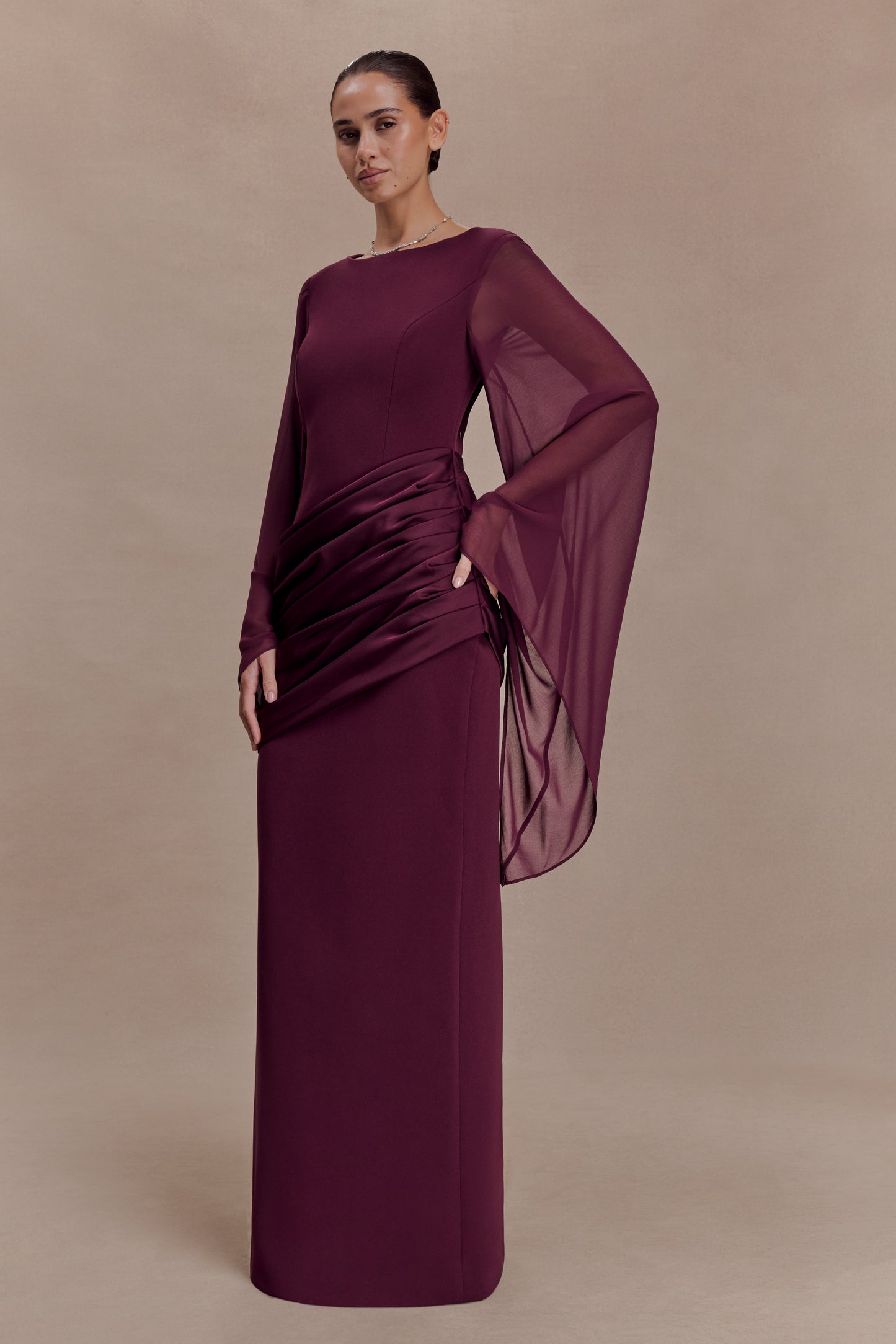 Samantha Waterfall Sleeves Maxi Dress - Wine