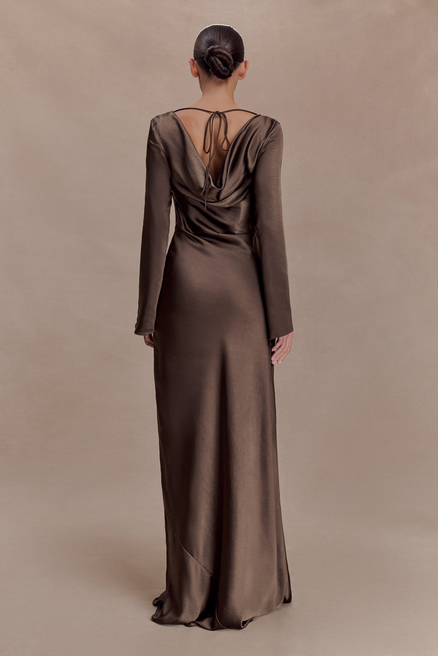 Eliza Long Sleeve Cowl Lace And Satin Maxi Dress - Mocha