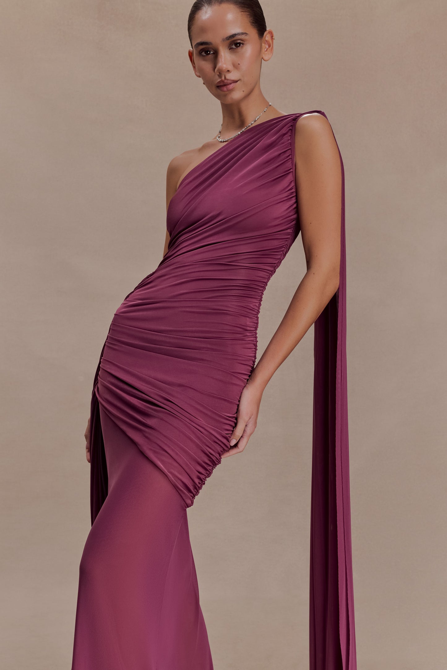 Asher Slinky One Shoulder Maxi Dress - Neutral Plum