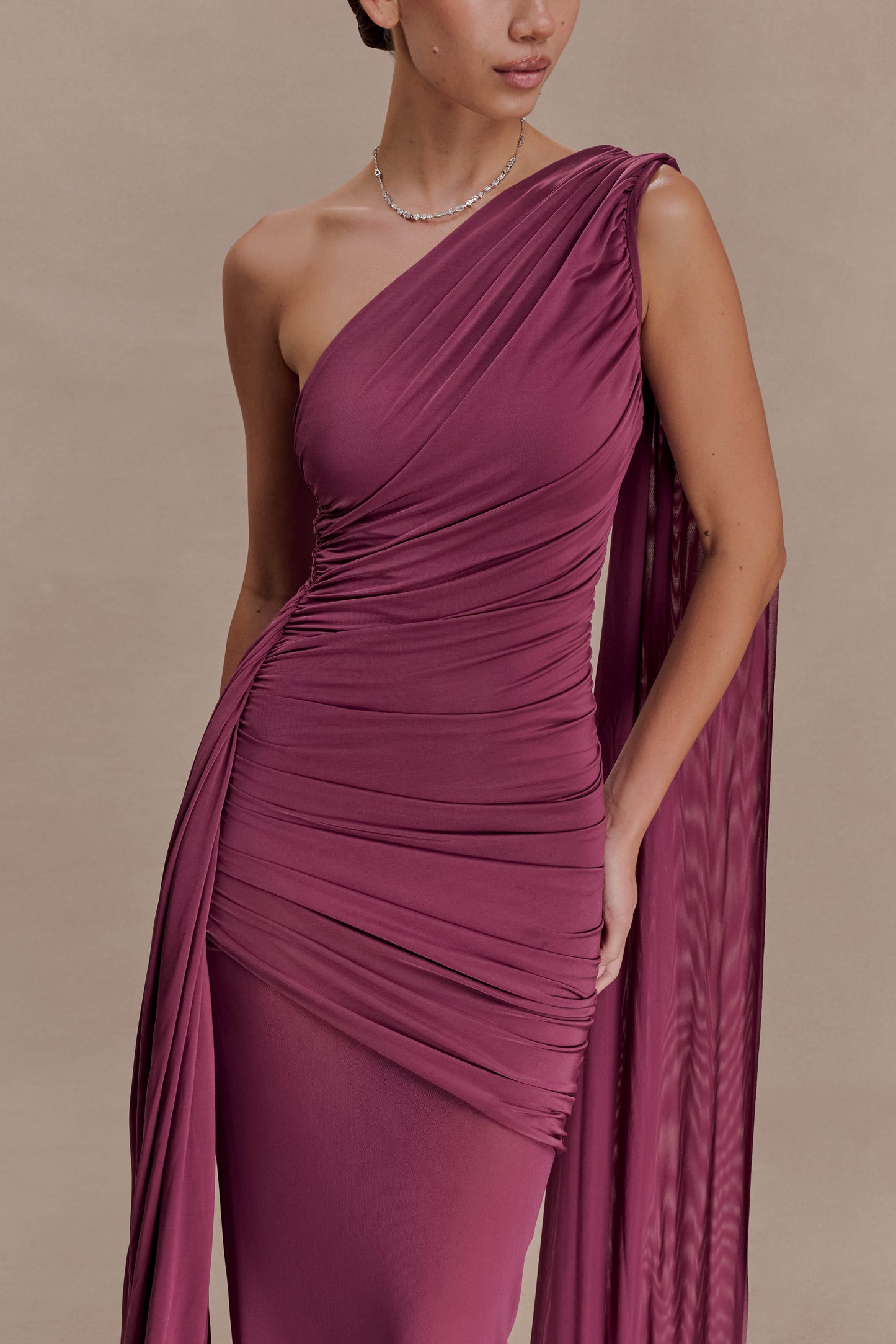 Asher Slinky One Shoulder Maxi Dress - Neutral Plum