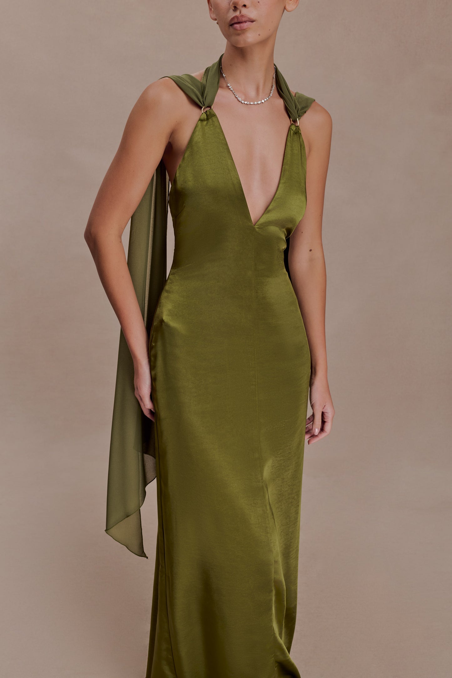 Myla Draped Shoulders Satin Maxi Dress - Khaki