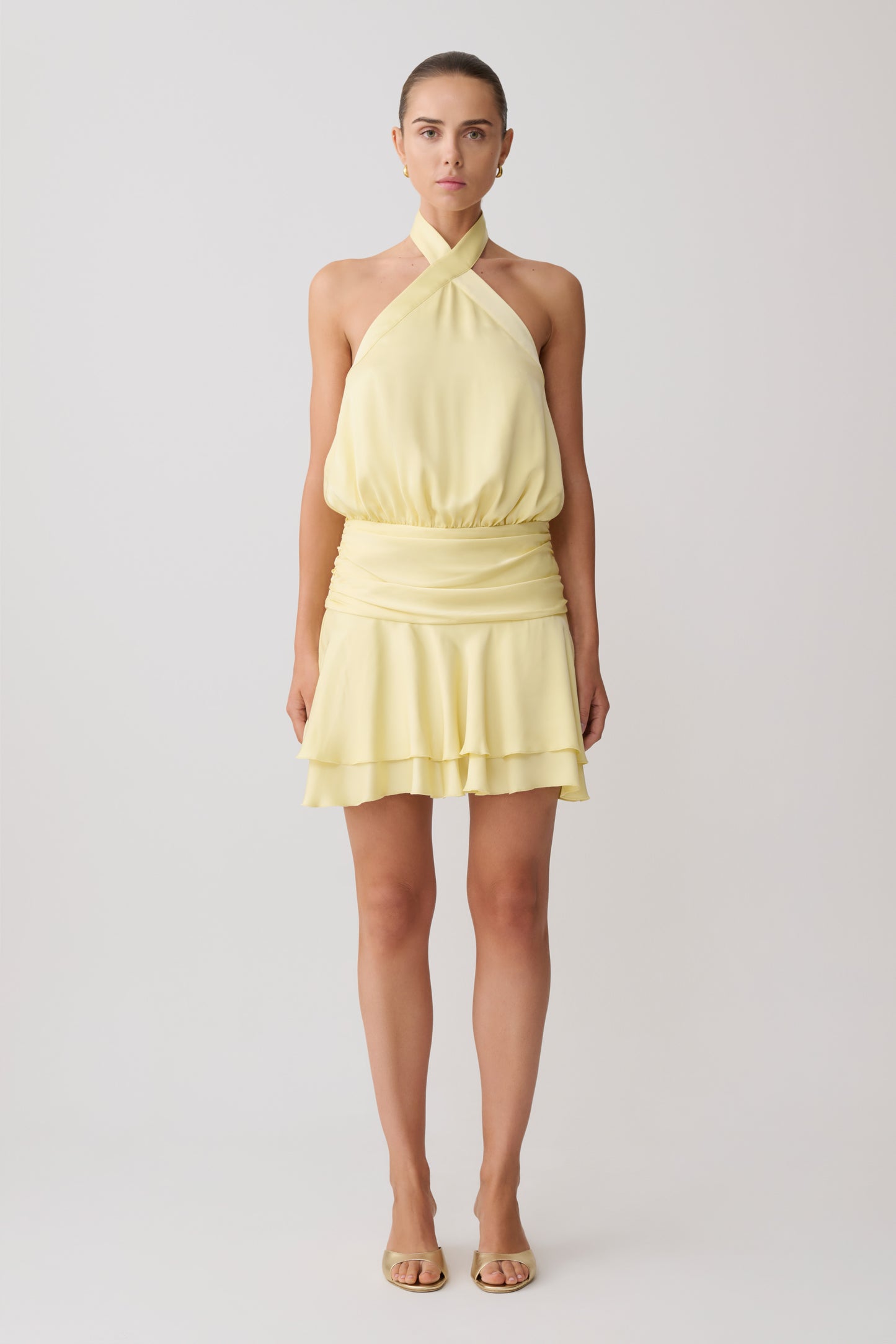 Poppy Satin Halter Mini Dress - Lemon