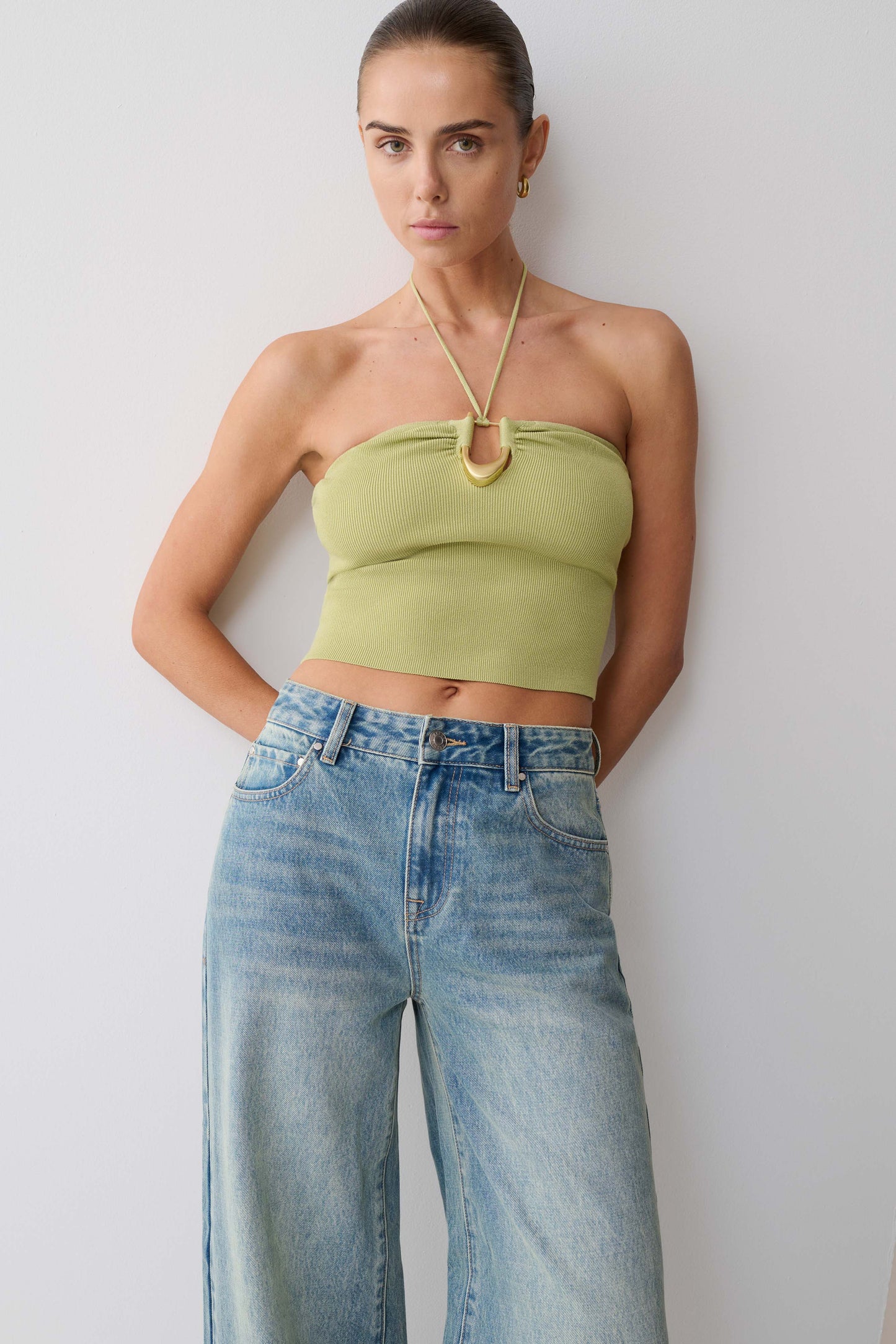 Dimitri Knit Halter Top With Hardware - Light Olive