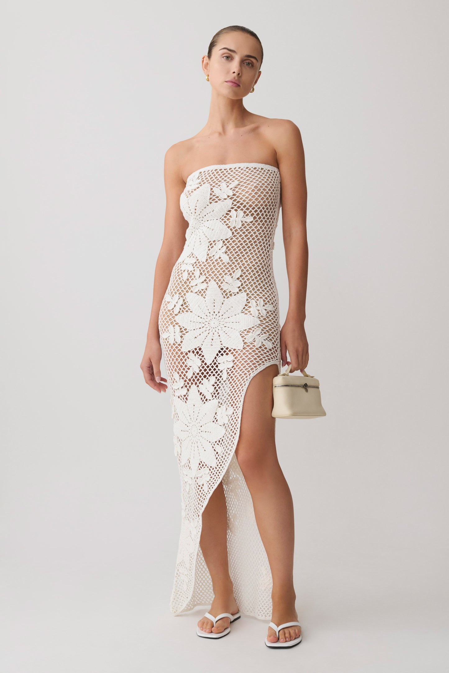 Mandie Hand Crochet Asymmetrical Maxi Dress - White