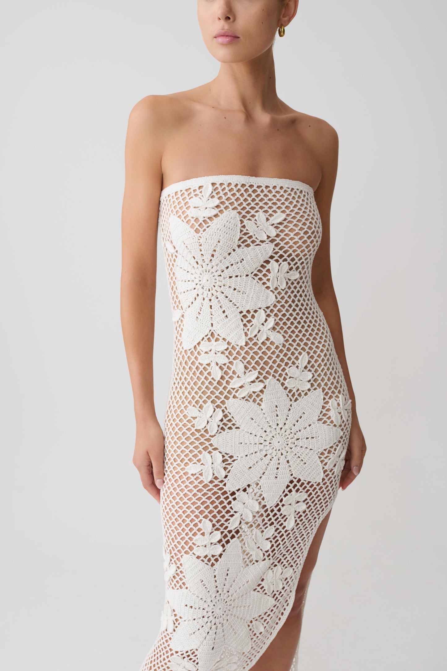 Mandie Hand Crochet Asymmetrical Maxi Dress - White