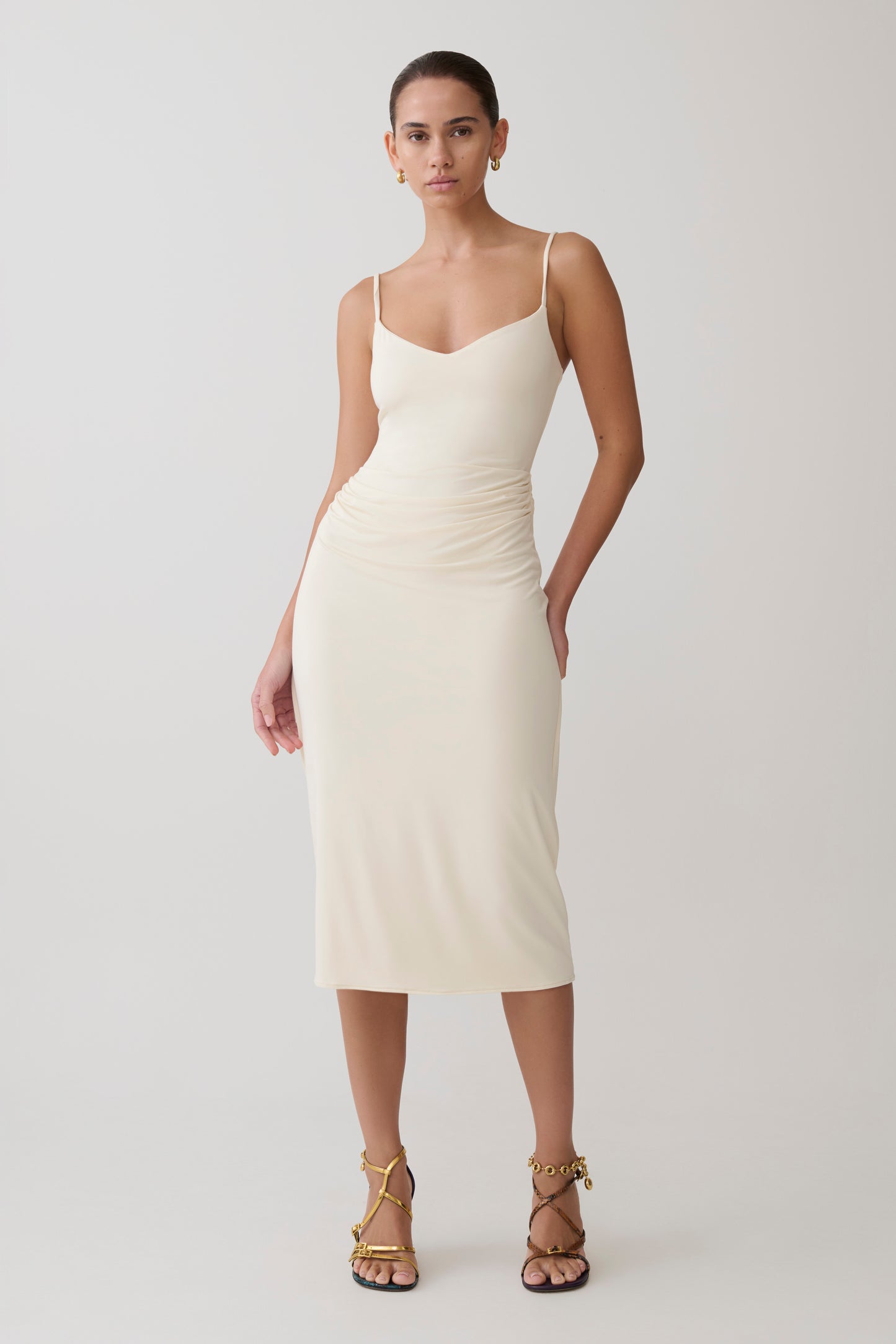 Vina Gathered Jersey Midi Dress - Ivory