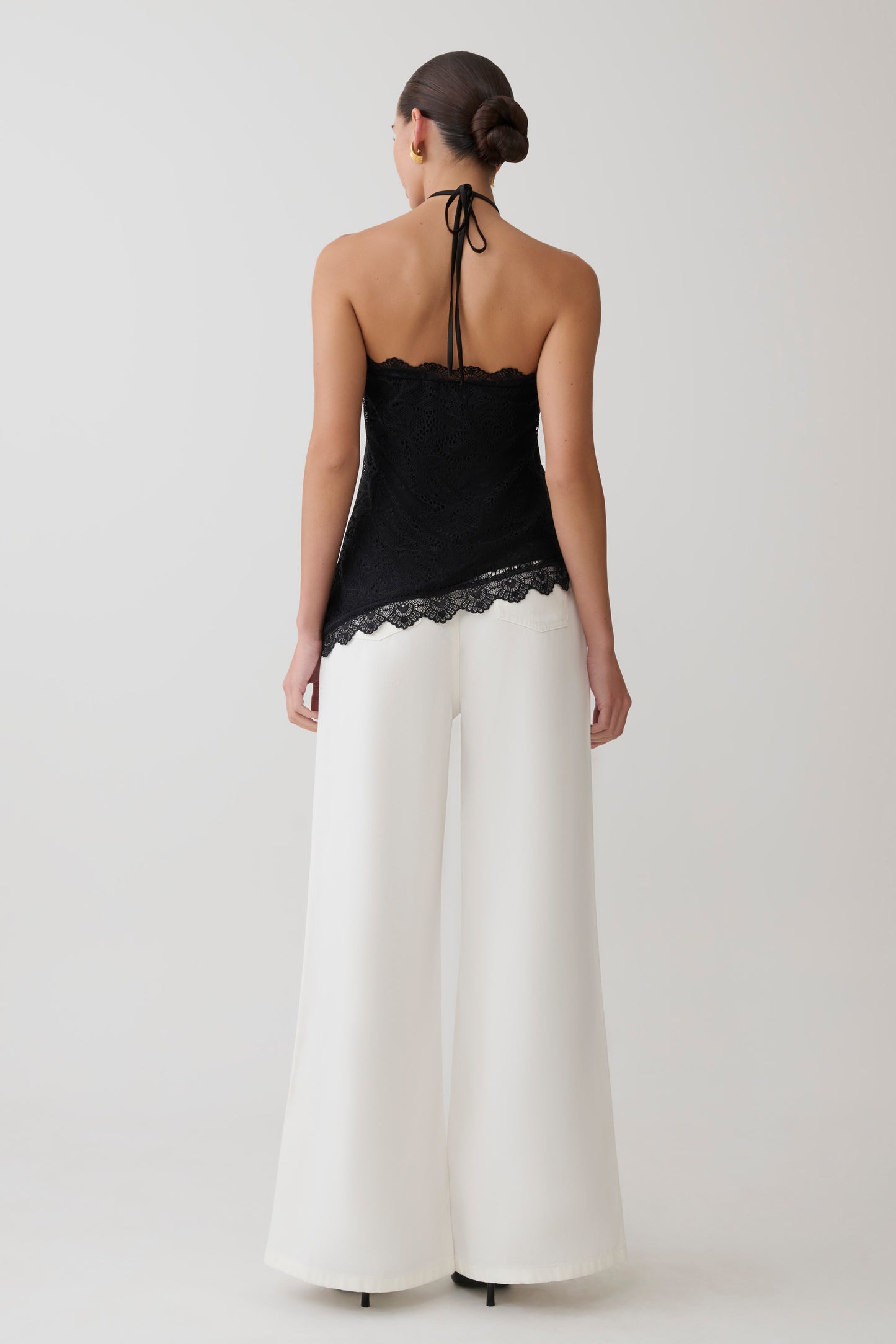 Theodosia Asymmetric Lace Halter Top - Black