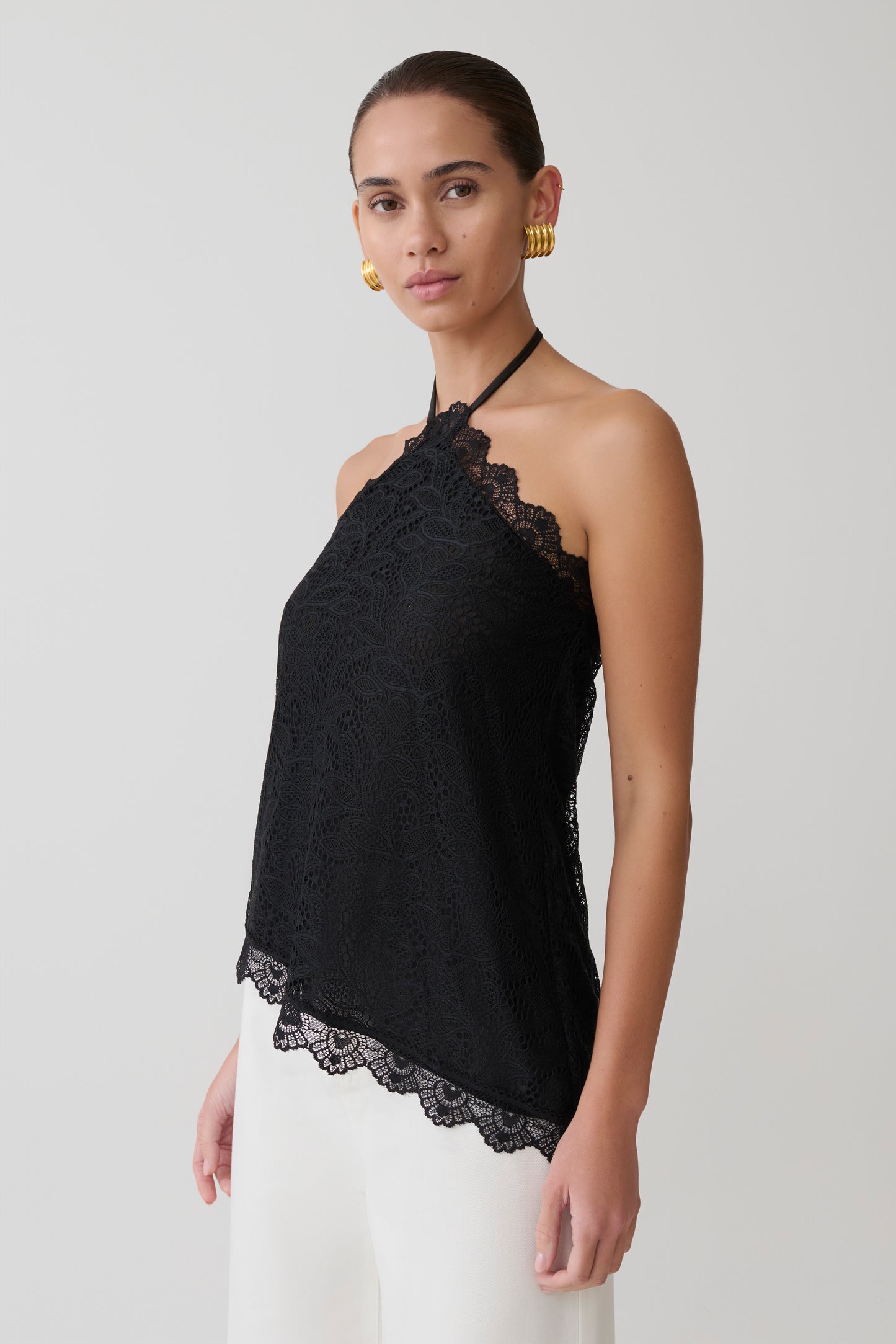Theodosia Asymmetric Lace Halter Top - Black