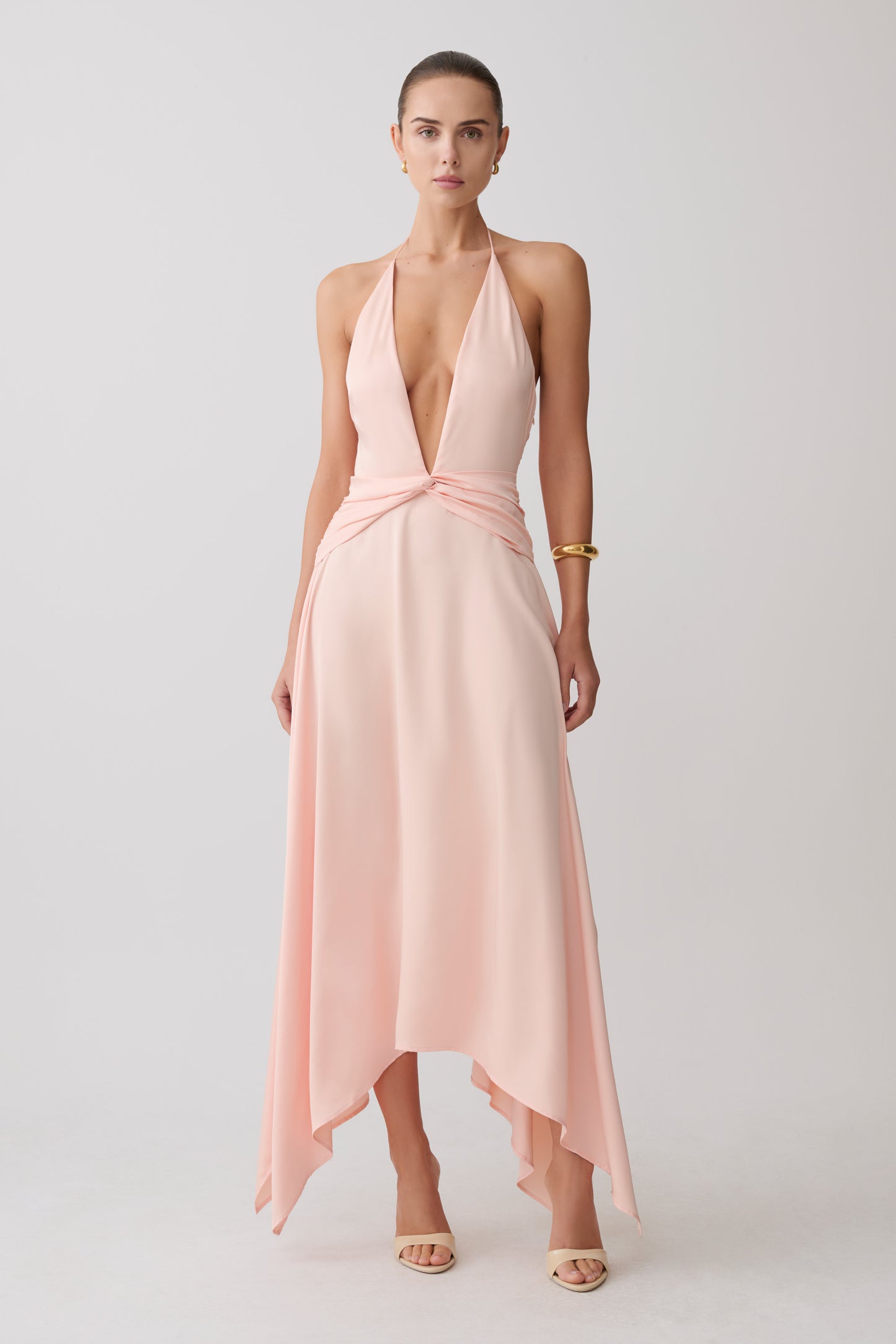 Cyra Plunge Satin Midi Dress - Peach