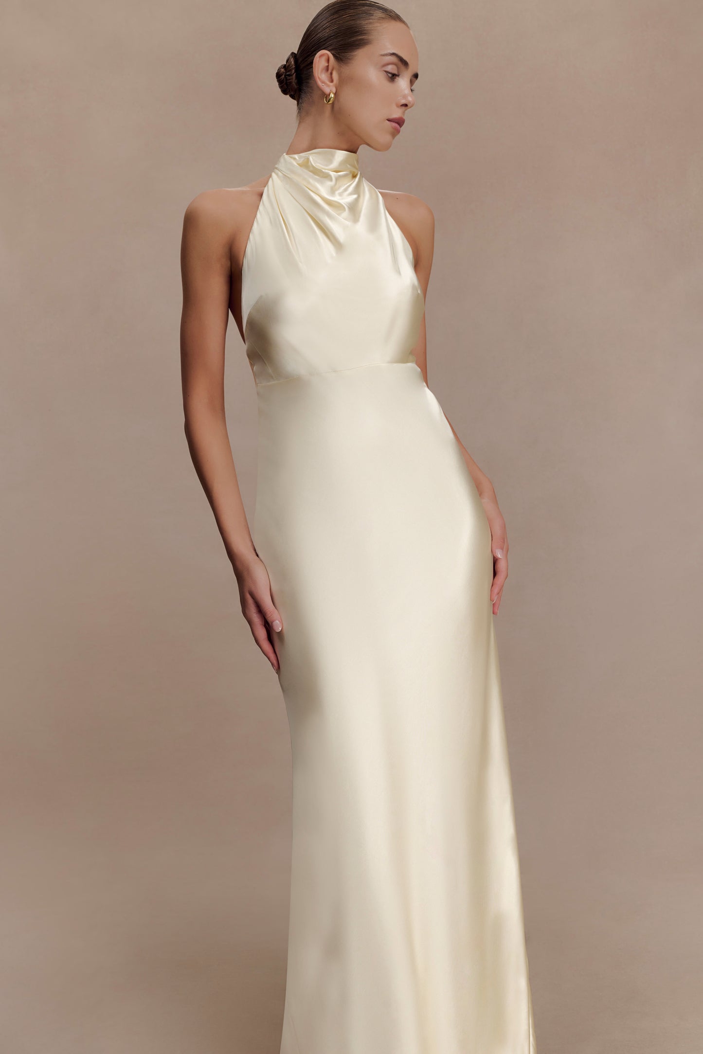 Esther Iridescent Satin Cowl Maxi Dress - Lemon Sorbet