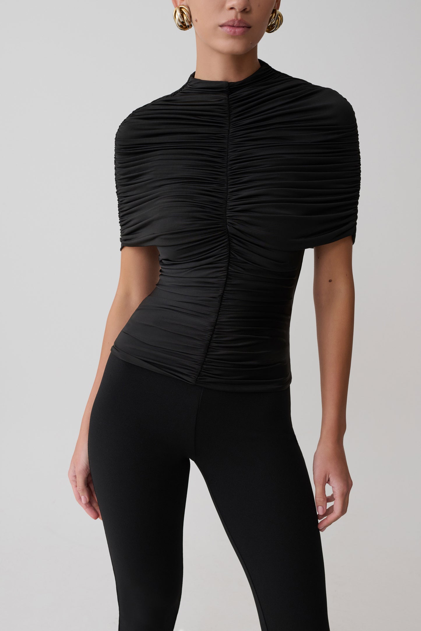 Linh Slinky High Neck Gathered Top - Black