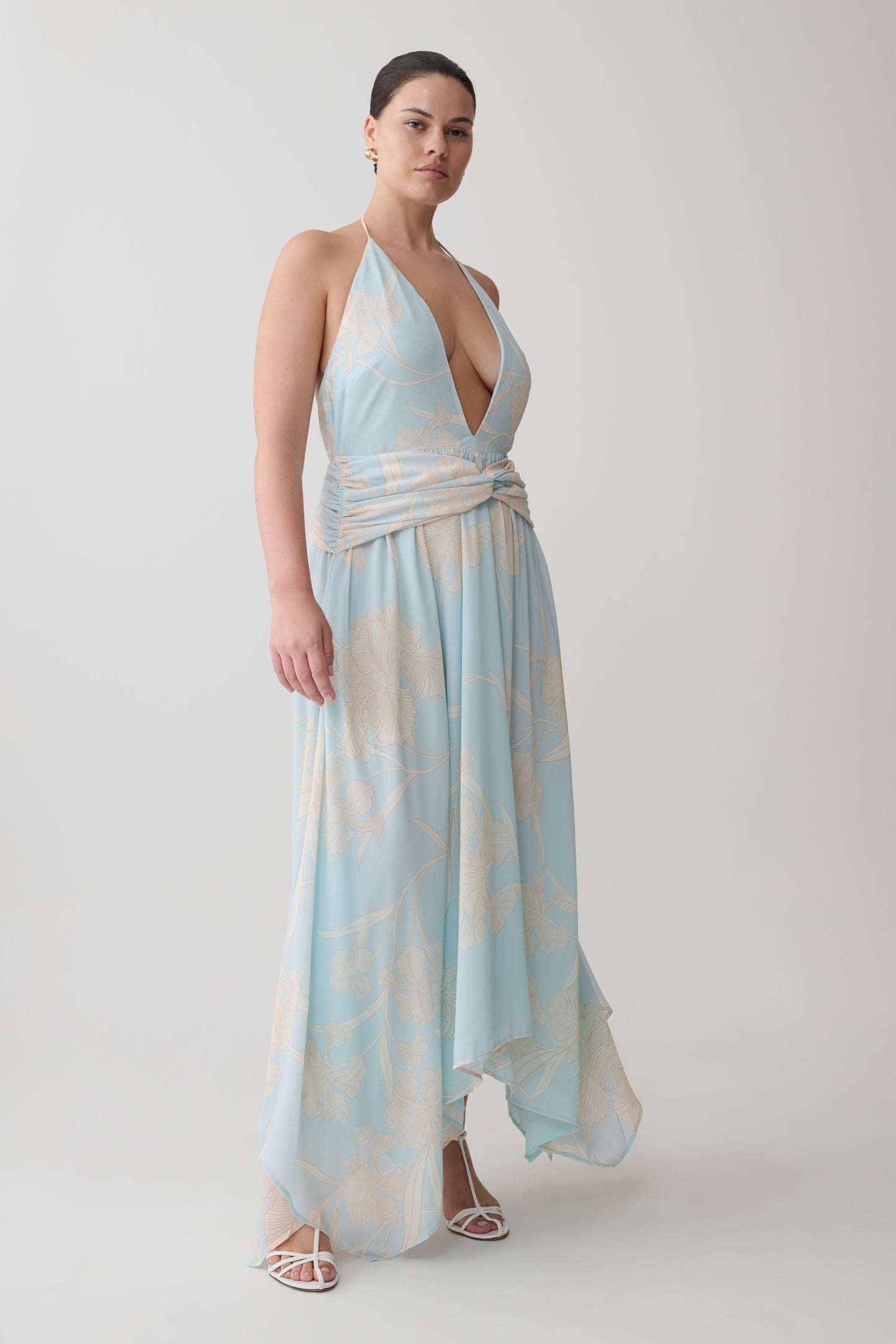 Cyra Plunge Chiffon Midi Dress - Blue Floral Print