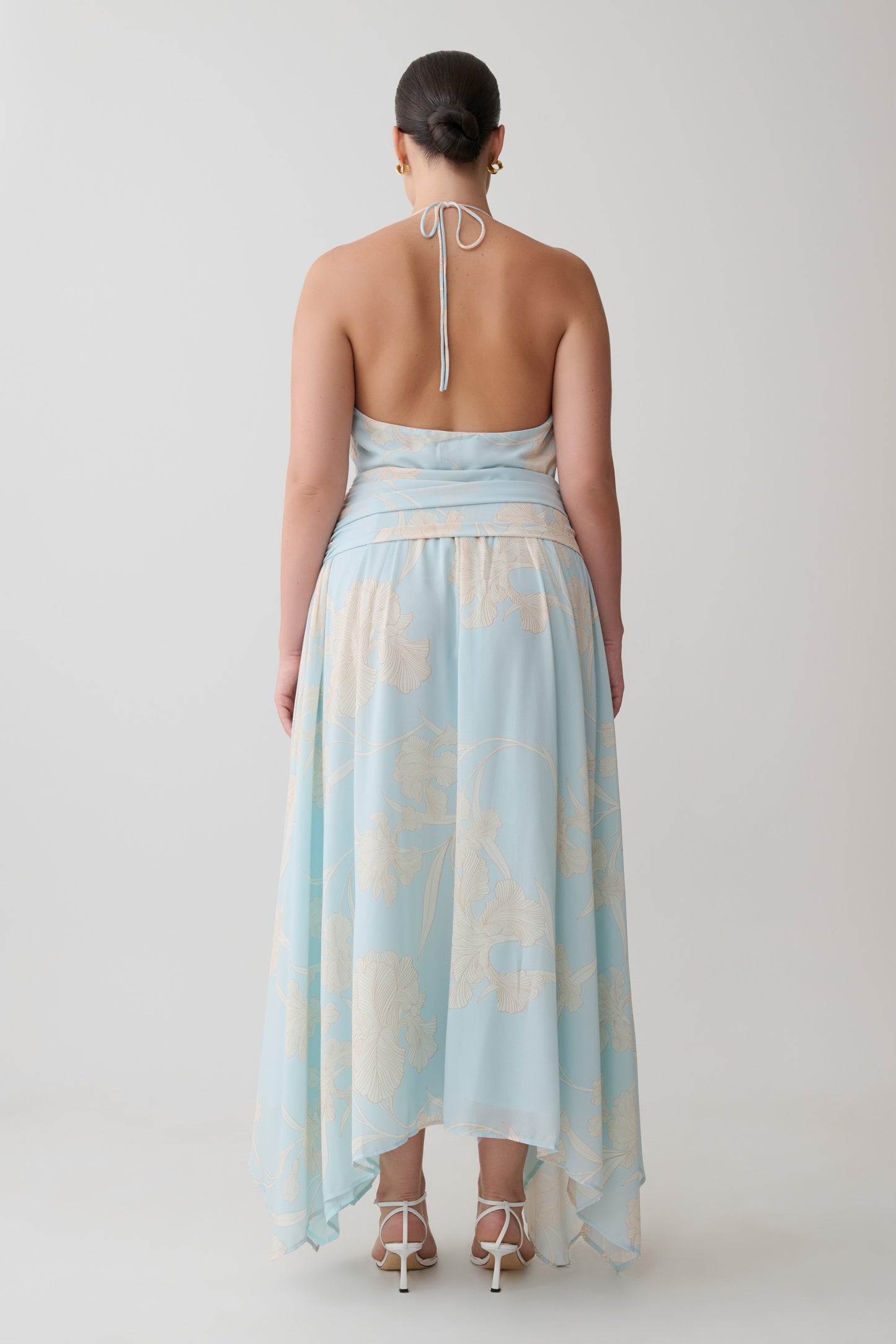 Cyra Plunge Chiffon Midi Dress - Blue Floral Print