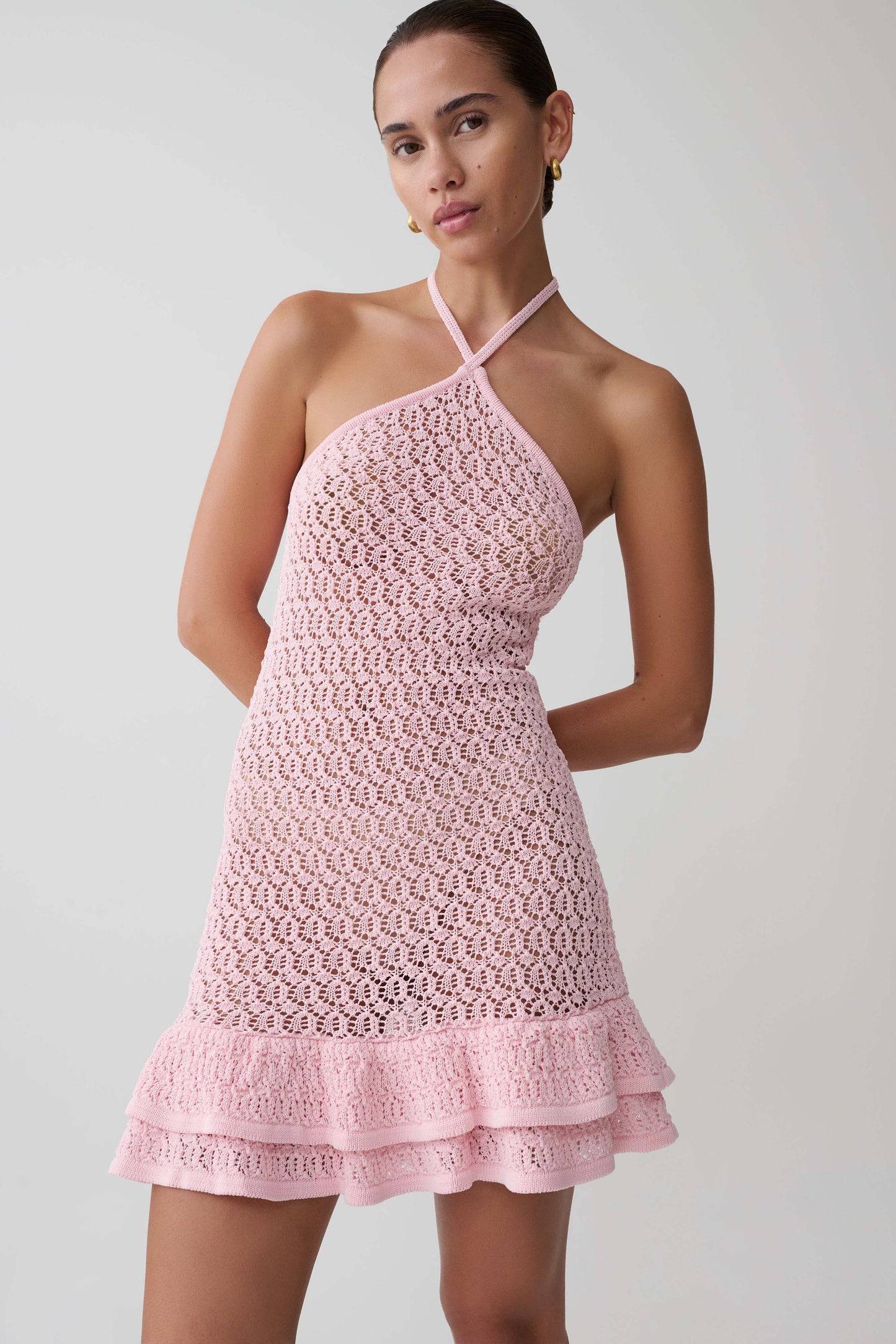 Carrisa Crochet Knit Mini Dress - Baby Pink