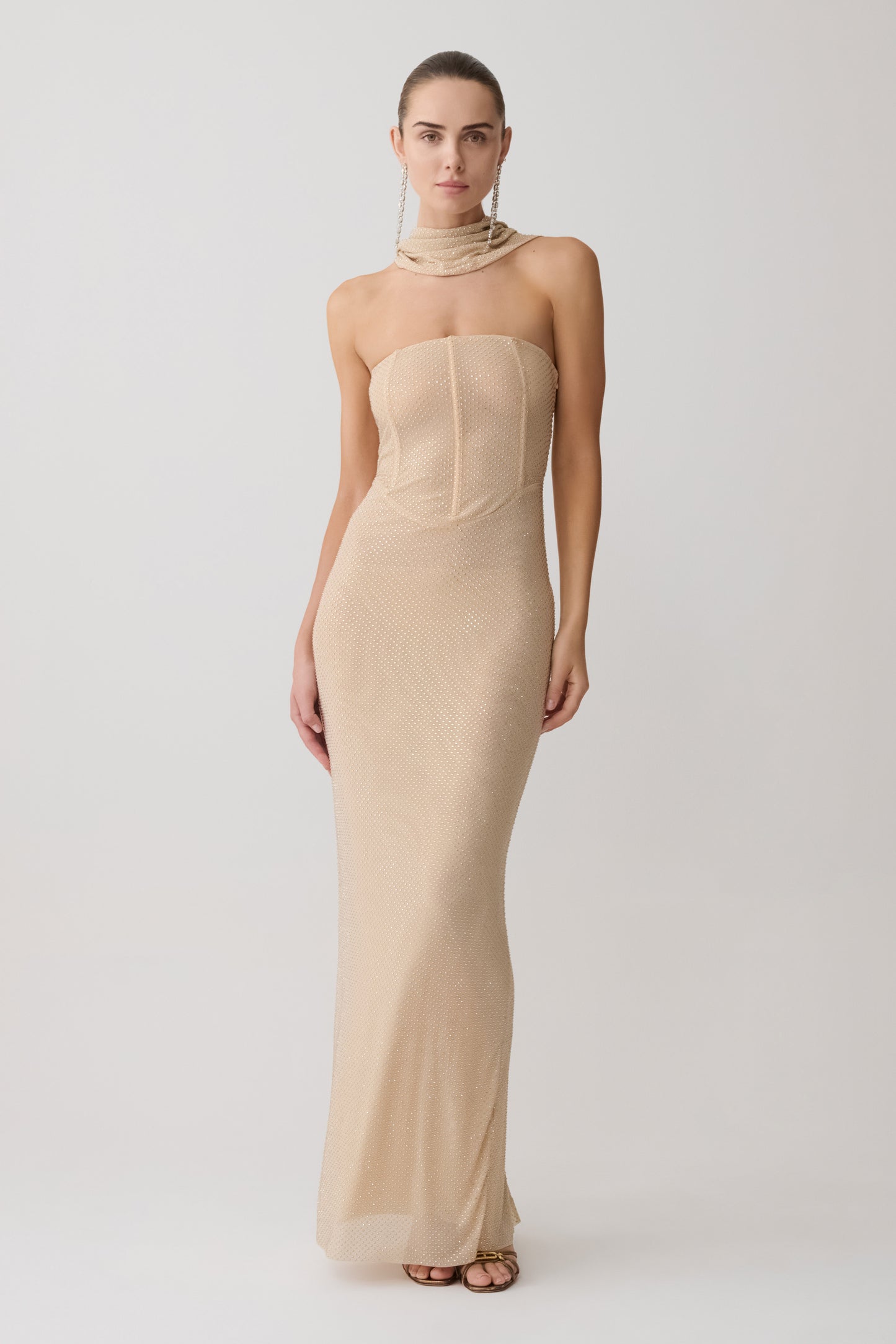 Phi Multi-Wear Cowl Diamante Maxi Dress - Gold