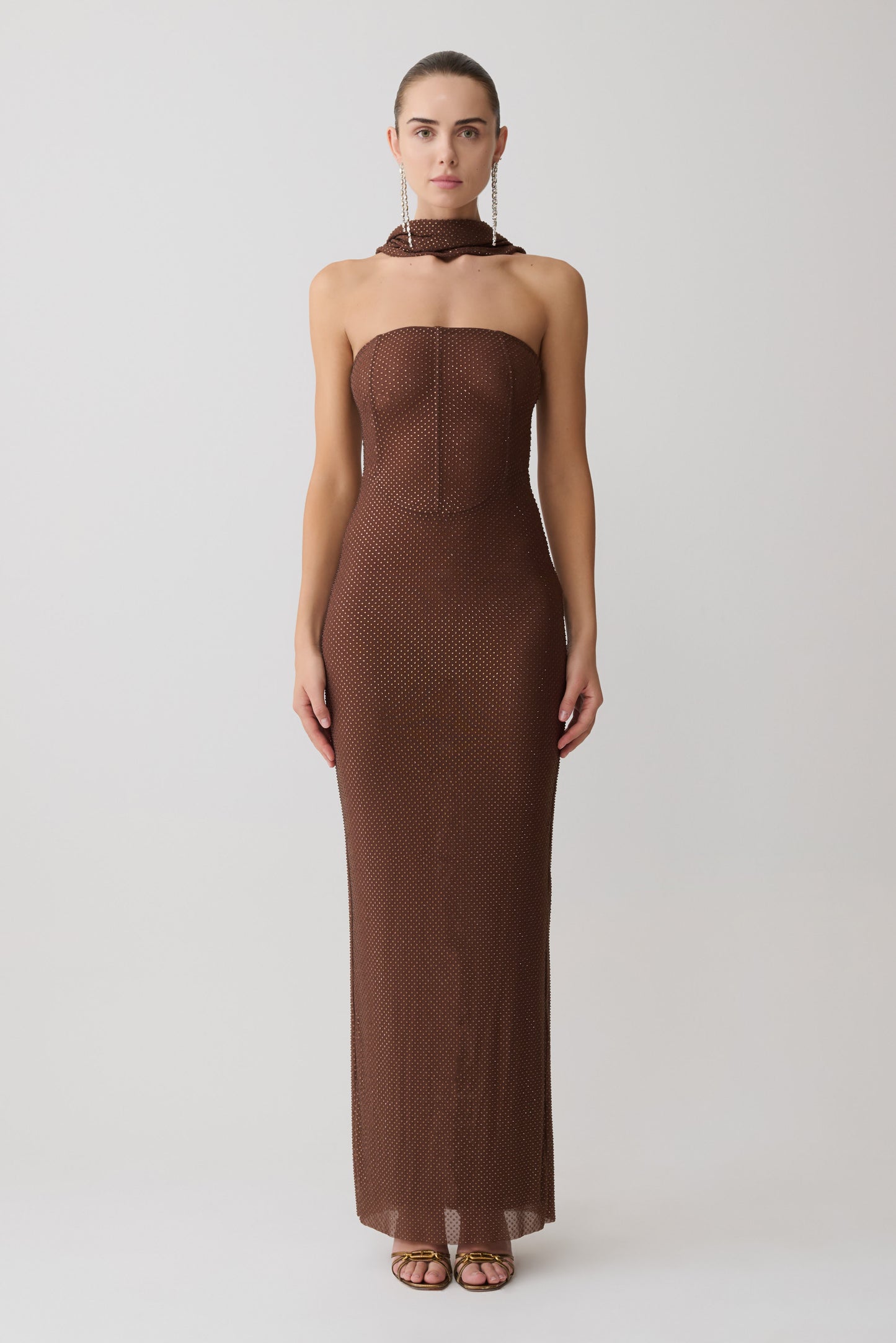 Phi Multi-Wear Cowl Diamante Maxi Dress - Chocolate
