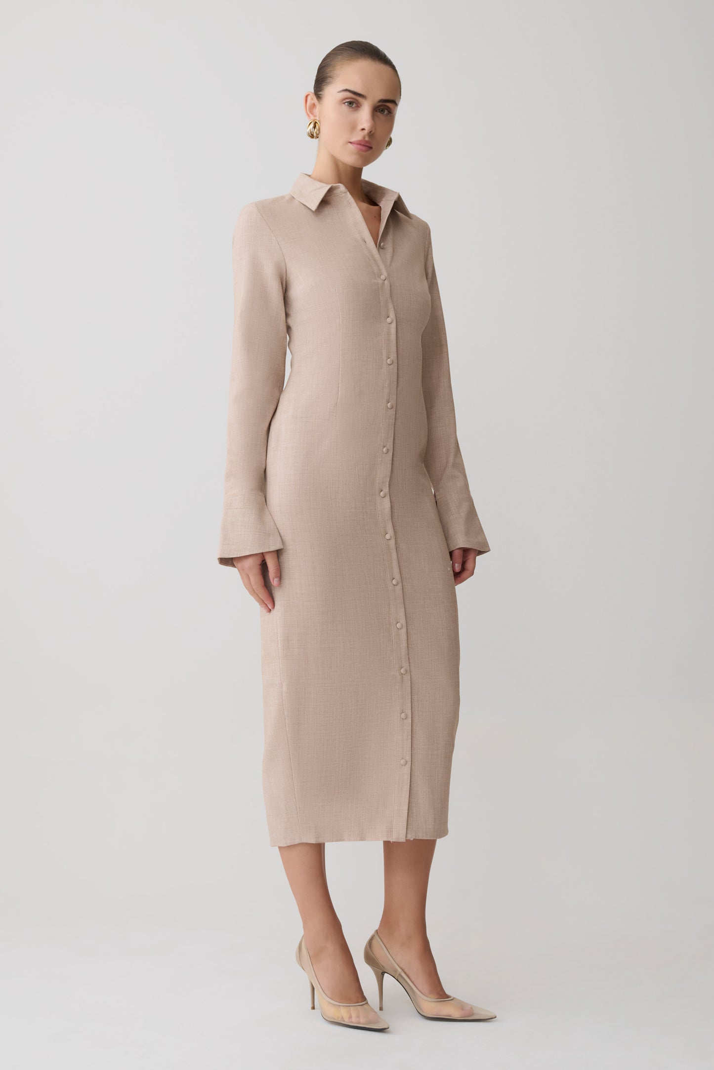 Dorian Fitted Shirt Midi Dress - Wheat Marle
