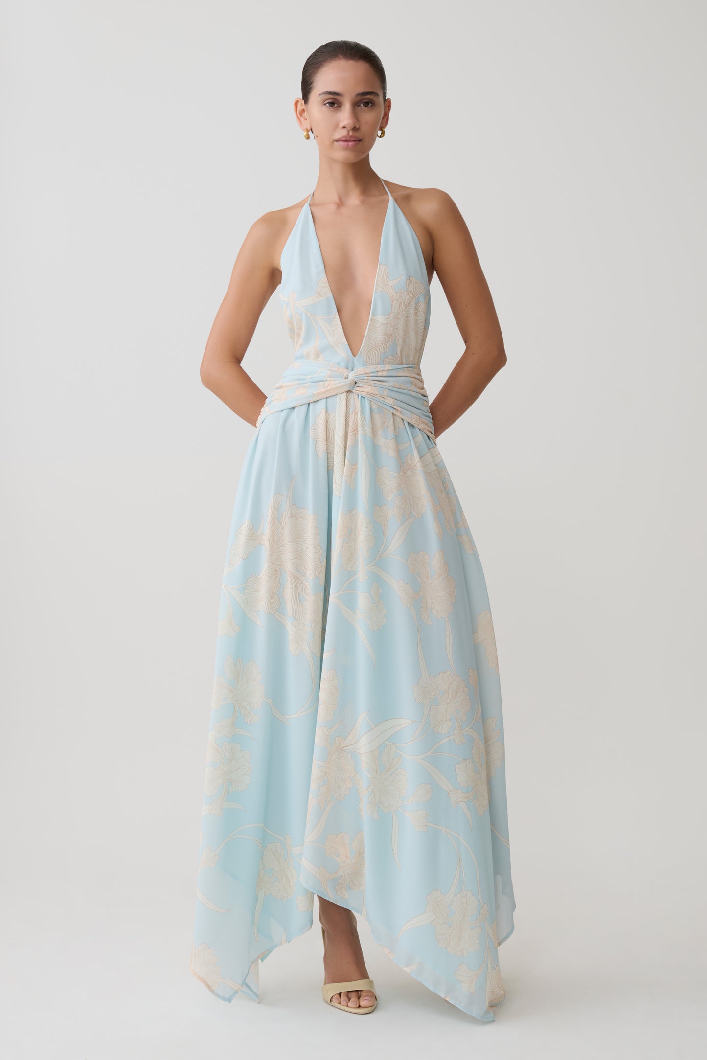 Cyra Plunge Chiffon Midi Dress - Blue Floral Print