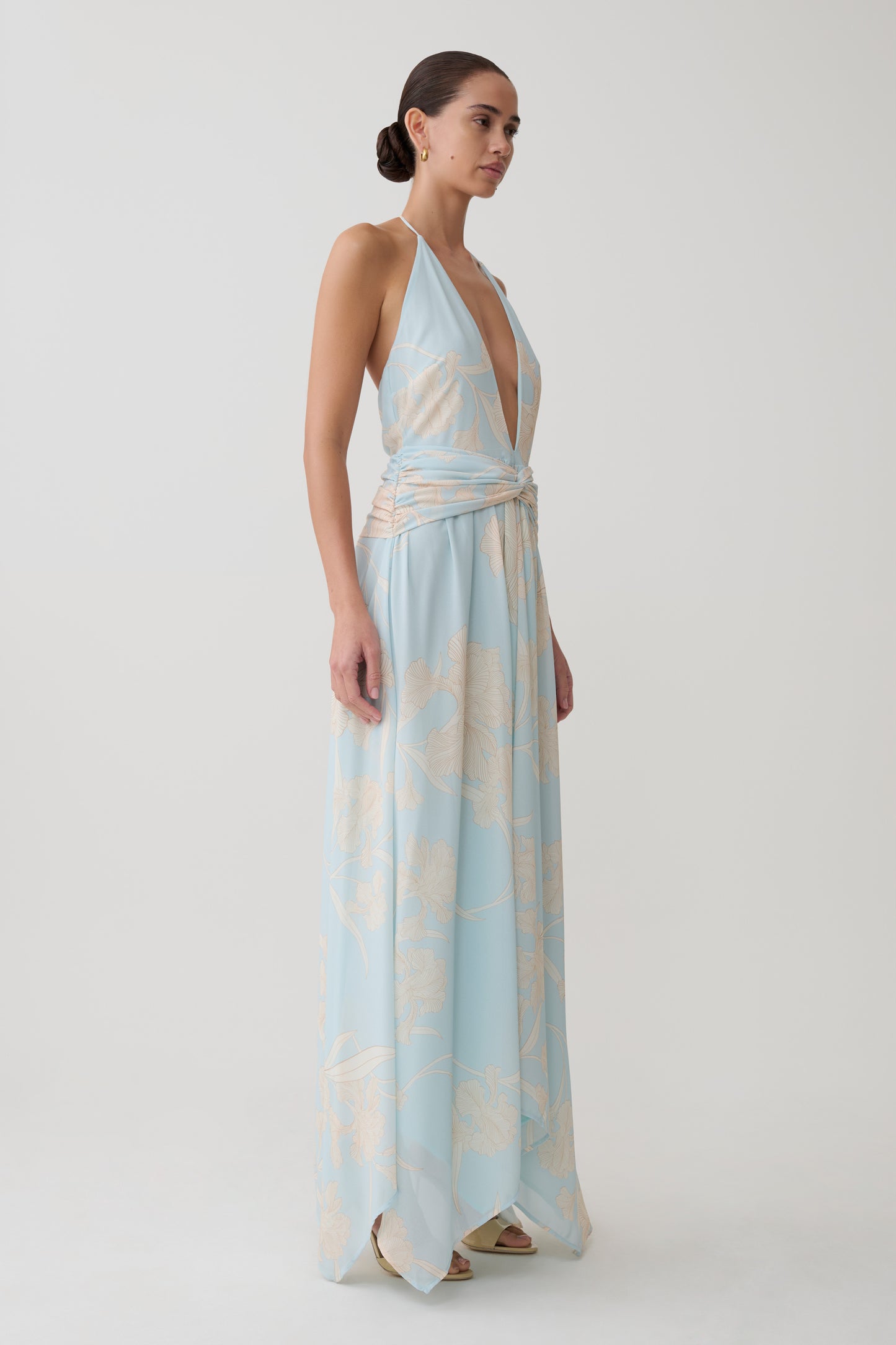 Cyra Plunge Chiffon Midi Dress - Blue Floral Print