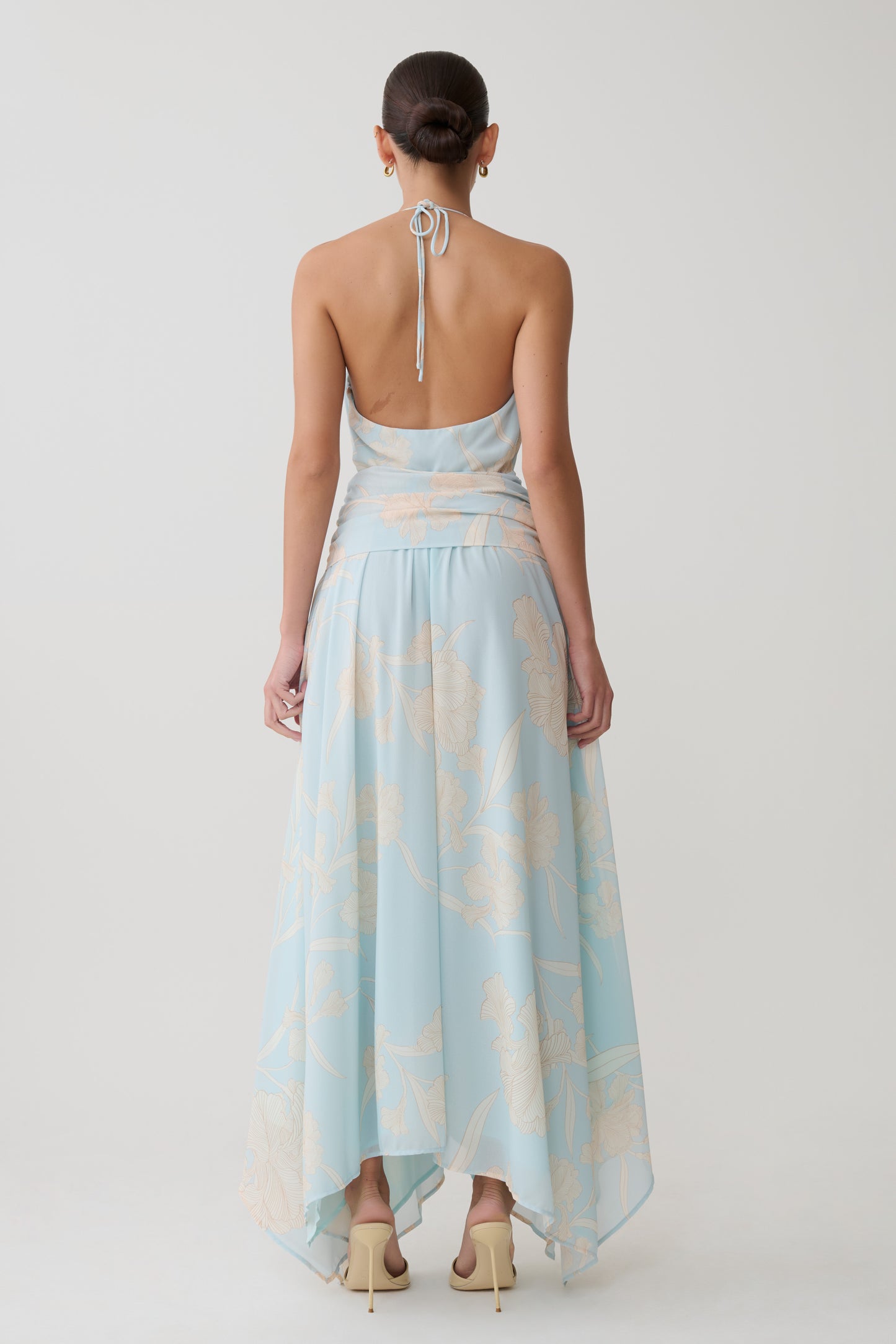 Cyra Plunge Chiffon Midi Dress - Blue Floral Print