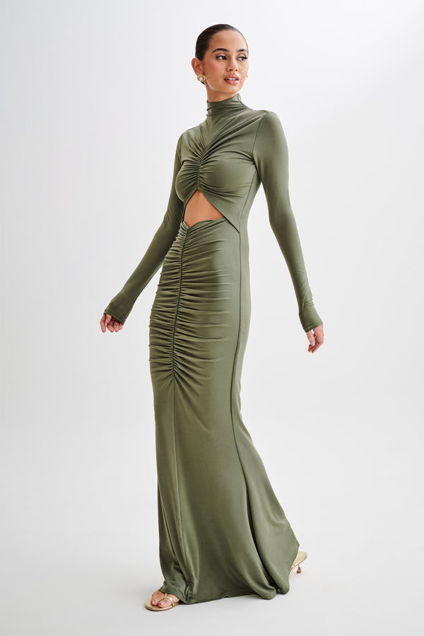 Pia Slinky Long Sleeve Cutout Maxi Dress - Military Olive