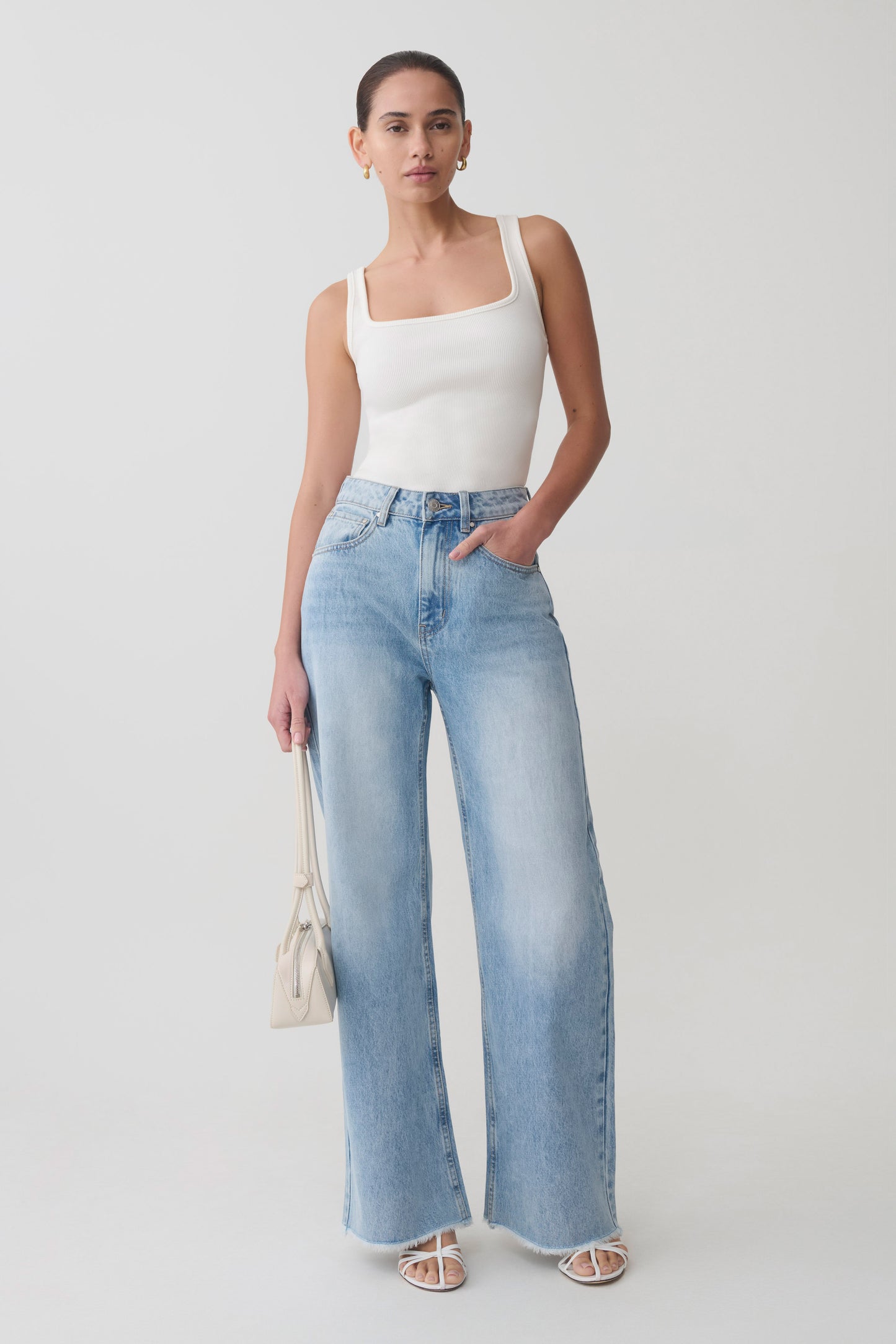 Sebastian Straight Leg Denim Jeans With Fray Hem - Washed Light Blue