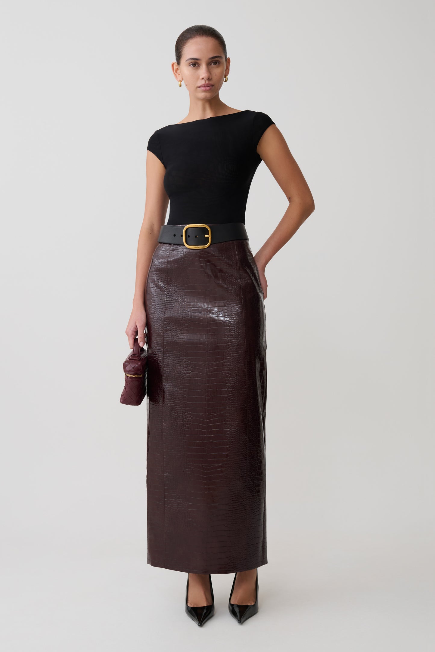 Thalia Croc Faux Leather Midi Skirt - Merlot