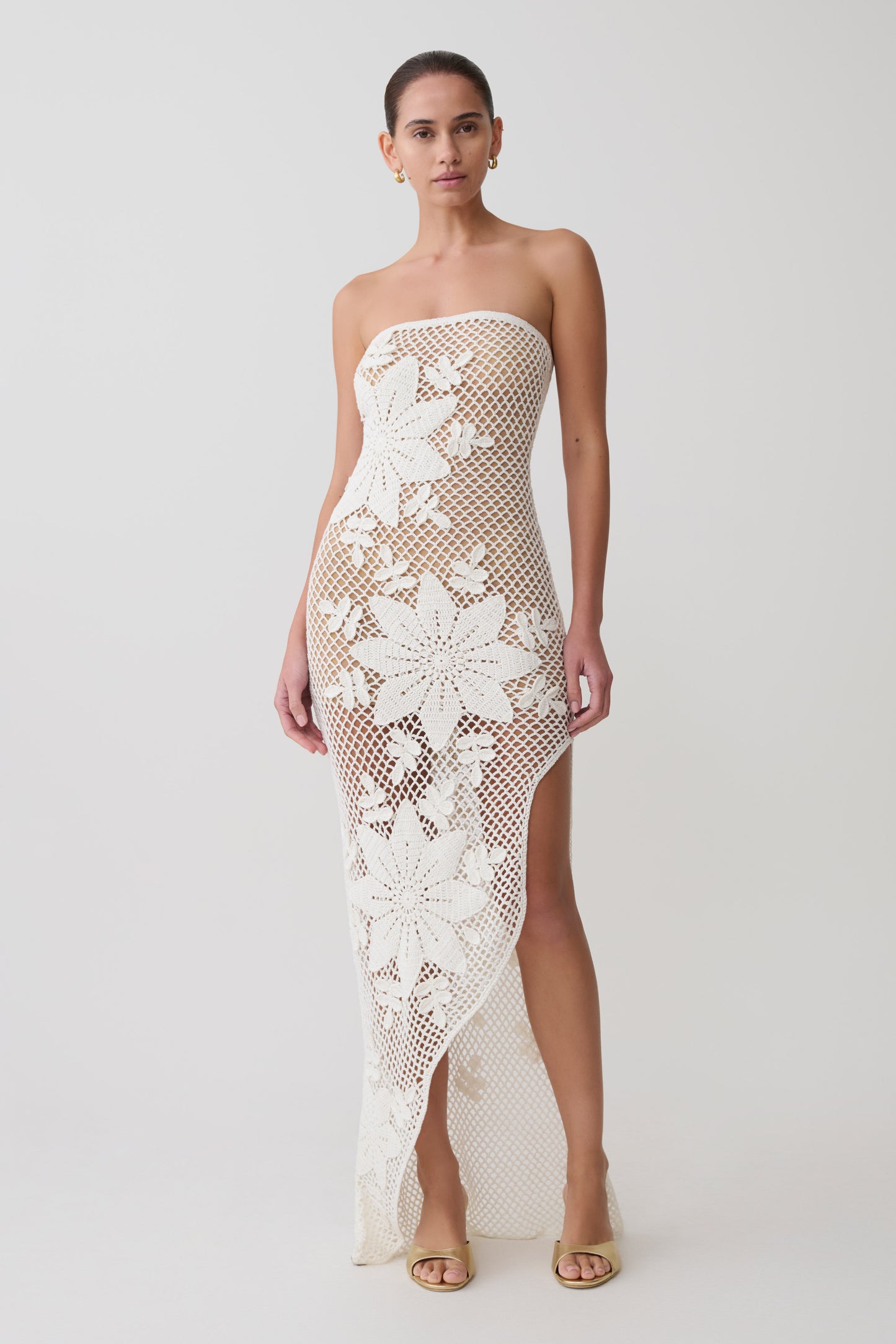 Mandie Hand Crochet Asymmetrical Maxi Dress - White