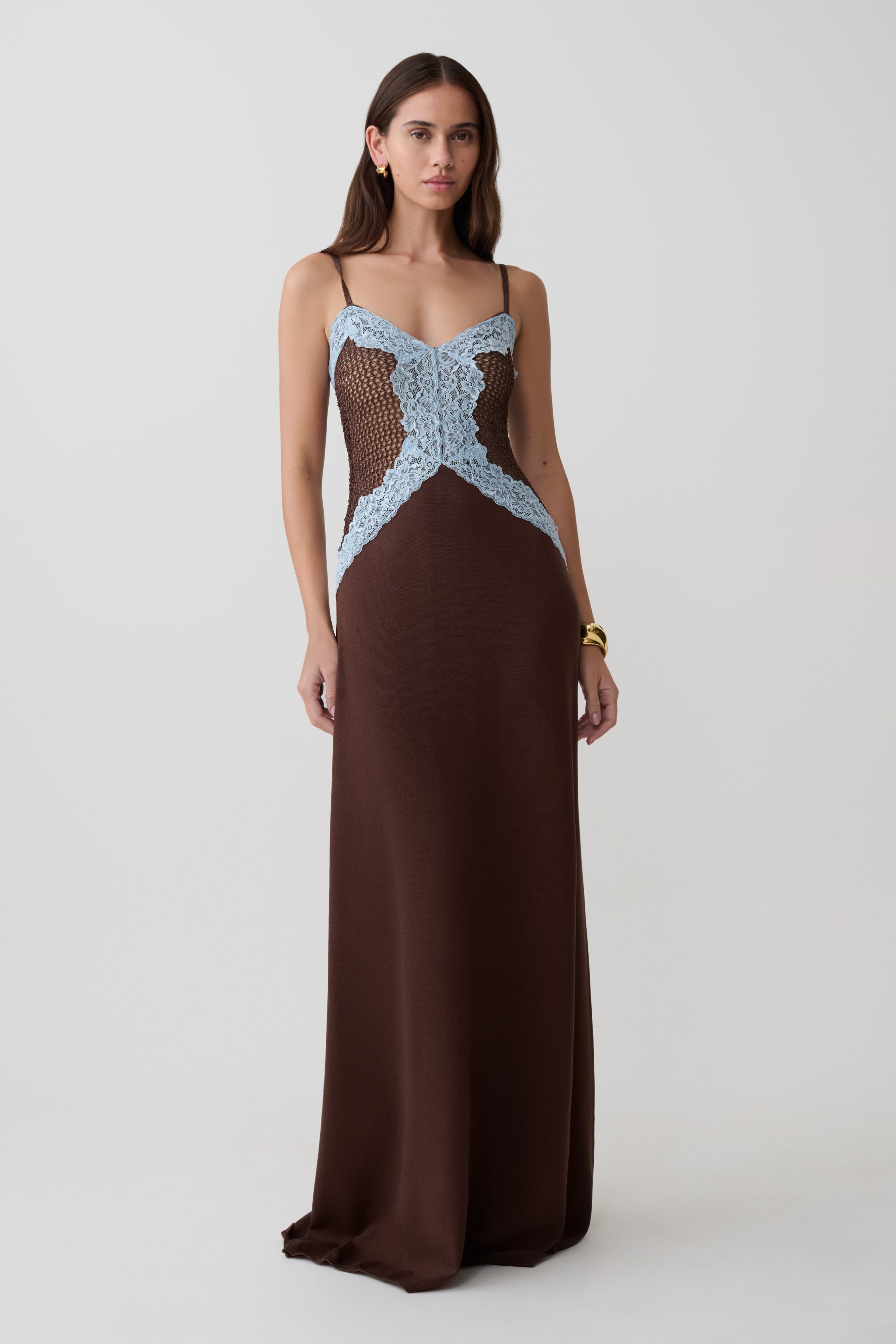 Bray Knit & Lace Maxi Dress - Chocolate/Blue | MESHKI Bray Knit & Lace Maxi Dress - Chocolate/Blue | MESHKI