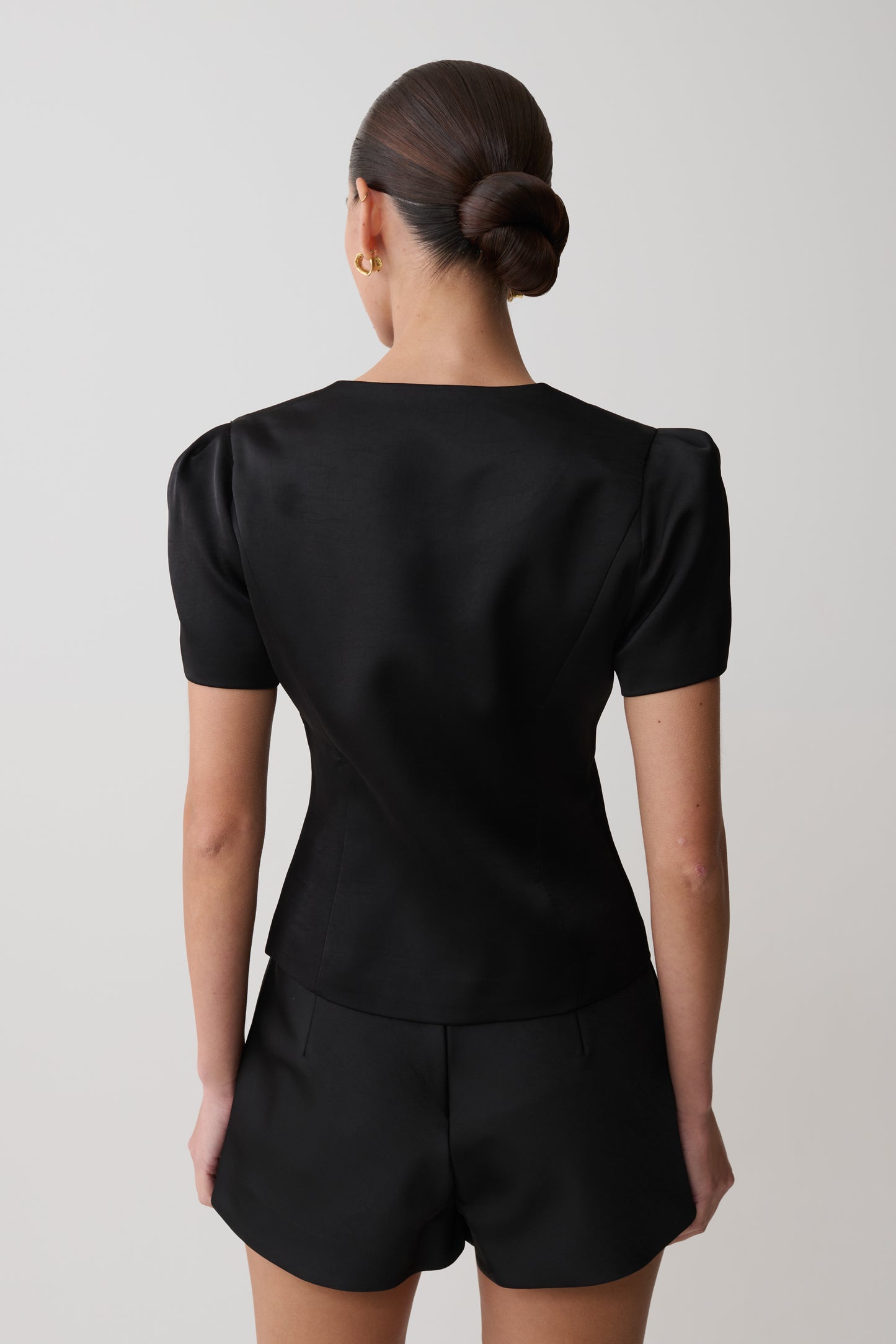 Anne Short Sleeve Satin Top - Black