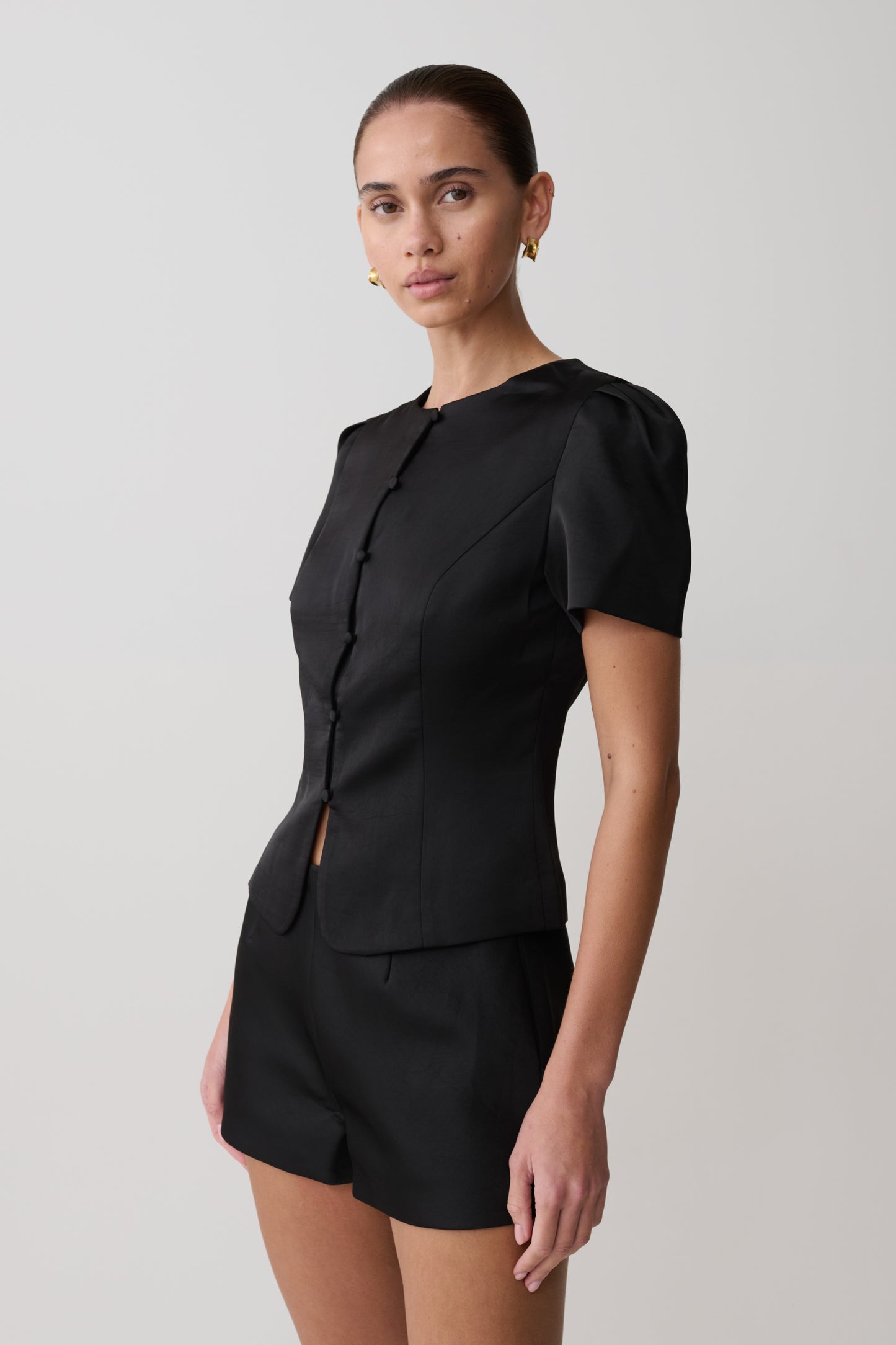 Anne Short Sleeve Satin Top - Black