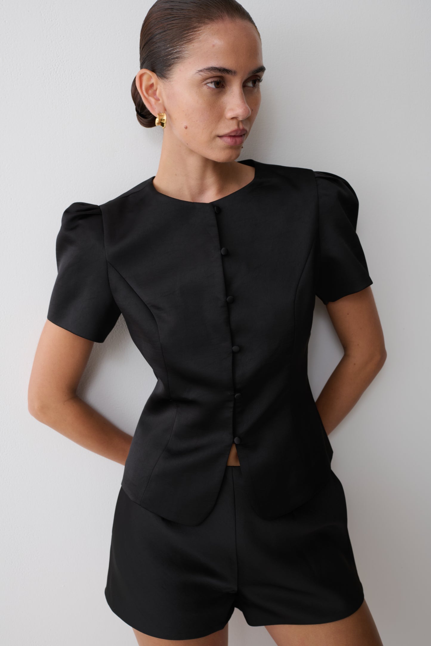Anne Short Sleeve Satin Top - Black