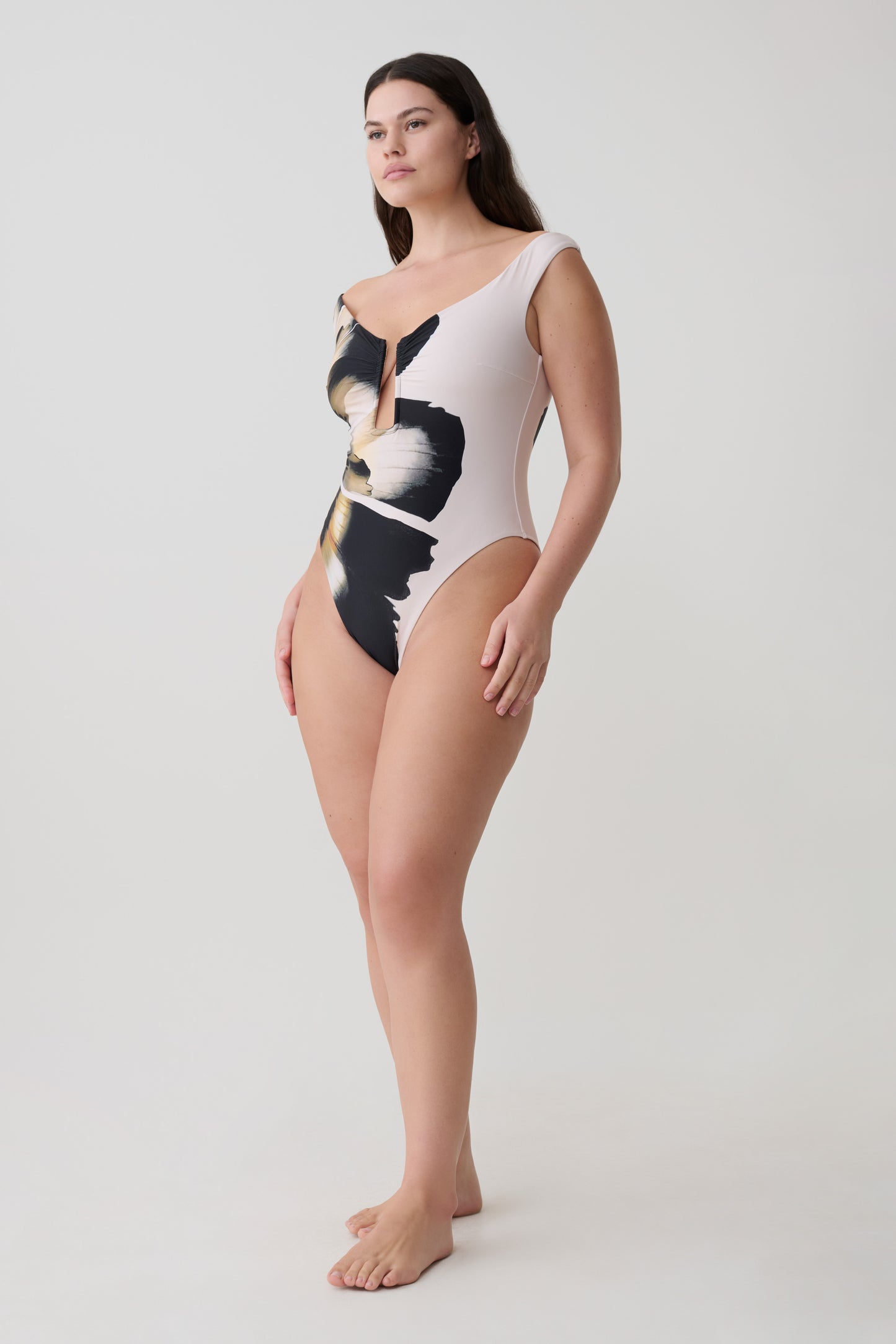 Yumi U-Wire Plunge One Piece Swimsuit - Ivory Base Floral Print