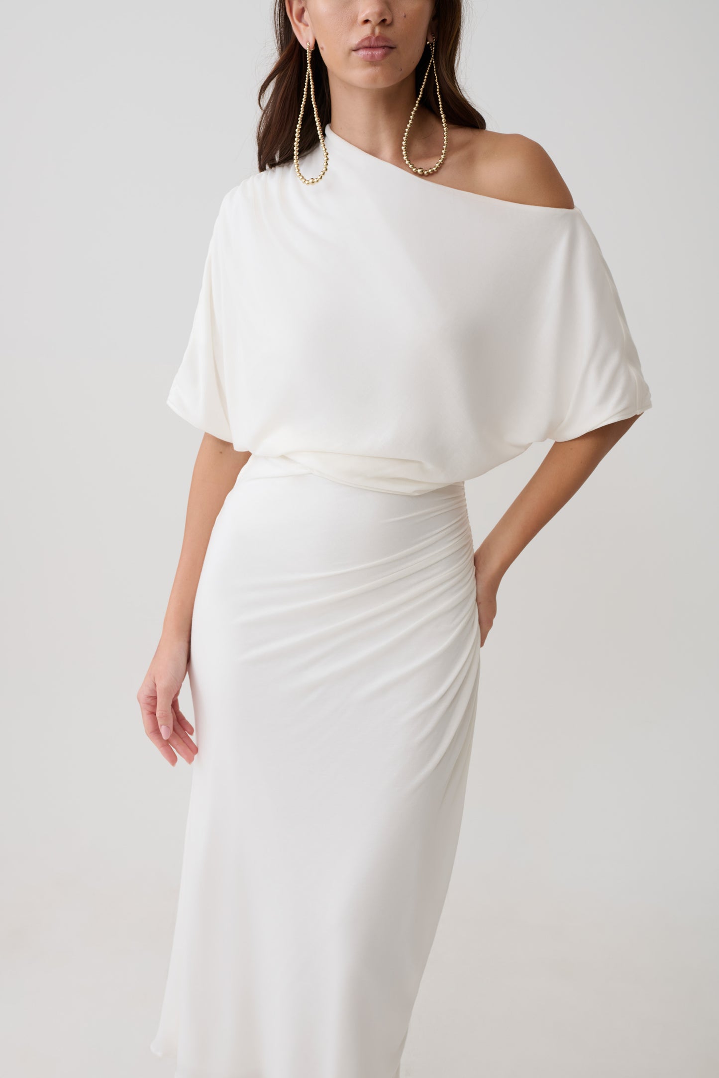 Alva Wool Lyocell Draped Midi Dress - White