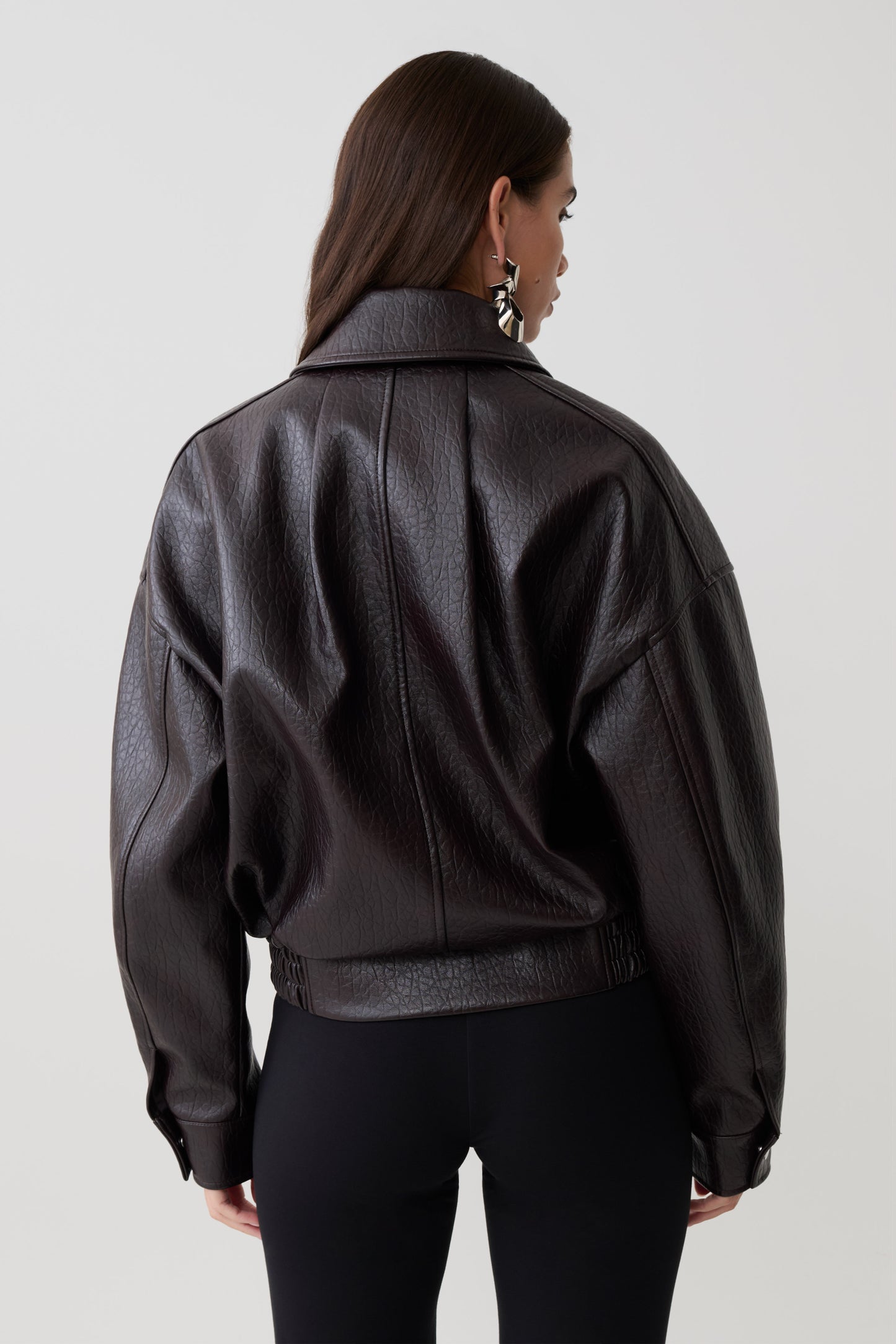 Paige Faux Leather Cropped Jacket - Cherry Brown