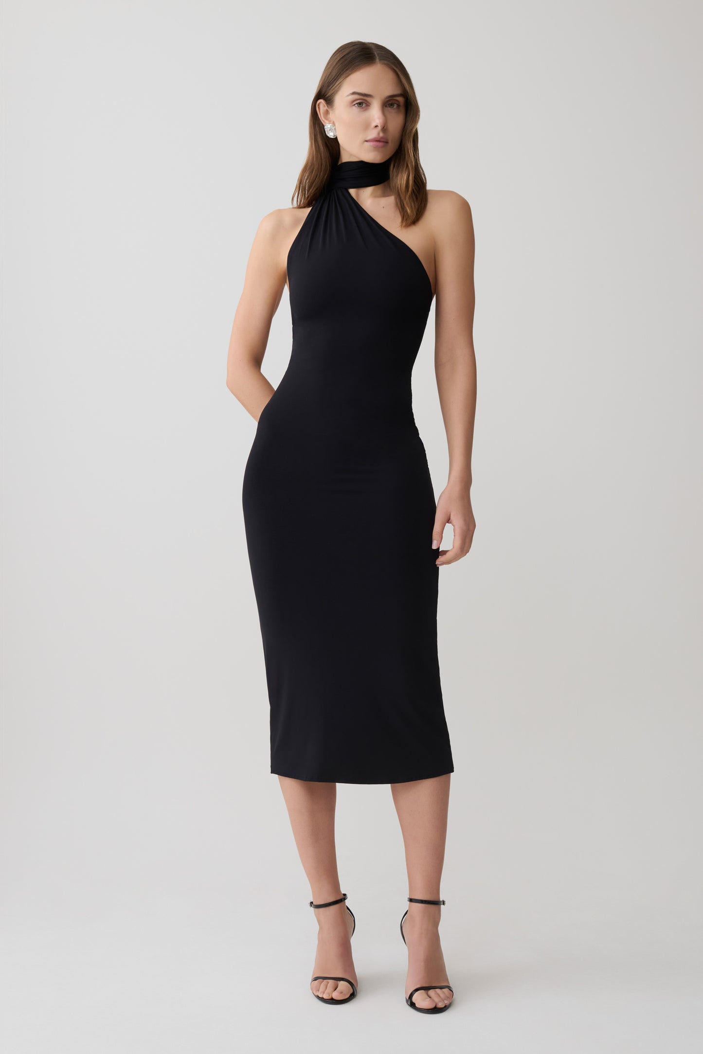 Jemma One Shoulder Tie Midi Dress - Black