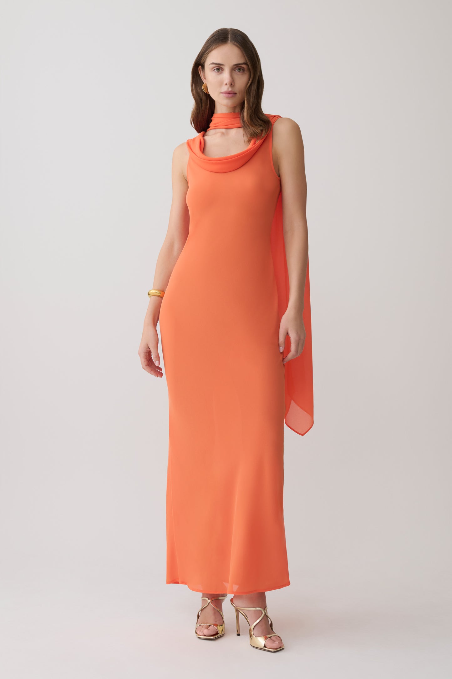 Dakota Chiffon Maxi Dress With Scarf - Orange