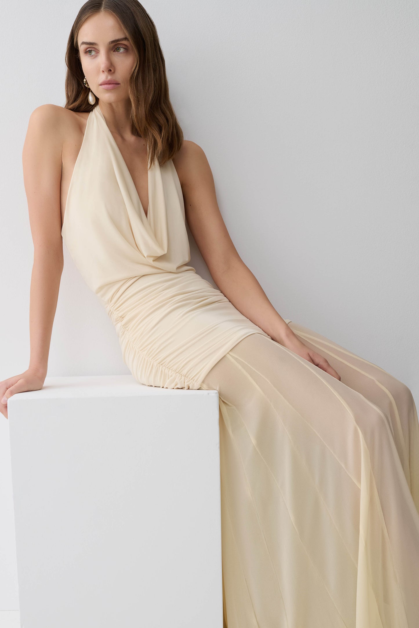 Jorja Draped Halter Slinky Maxi Dress - Ivory