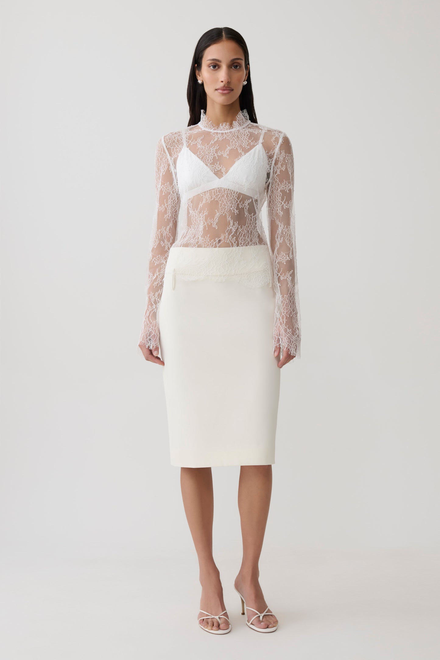 Alizette High Neck Long Sleeve Lace Top - Ivory