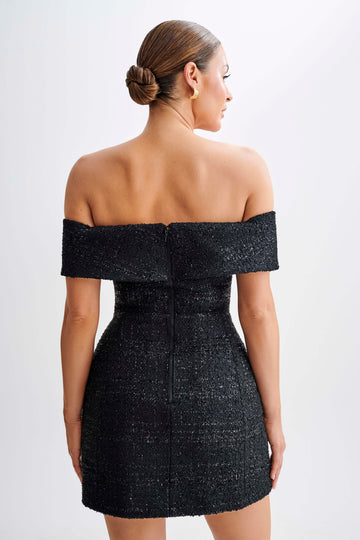 Helena Tweed Off Shoulder Mini Dress - Black