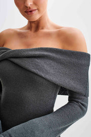 Camryn Off Shoulder Tie Knit Mini Dress - Charcoal