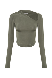 Bruna Slinky Long Sleeve Top with Cut Out - Military Olive