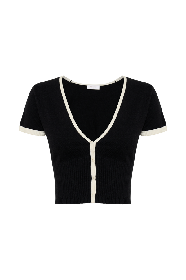 Jolene Contrast Button Up Knit Top - Black