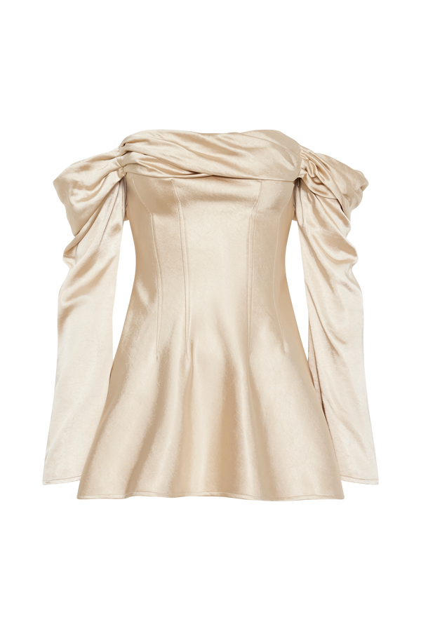 Giselle Off Shoulder Satin Mini Dress - Gold
