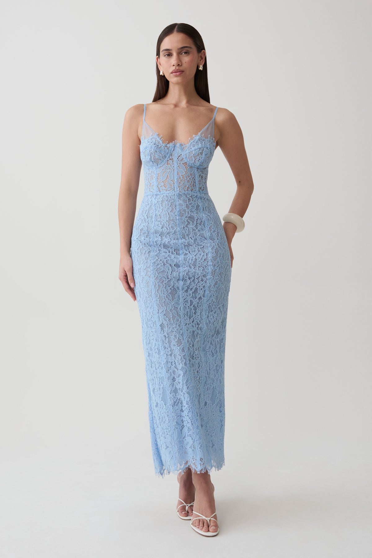 Ottilie Lace And Mesh Midi Dress - Sky Blue
